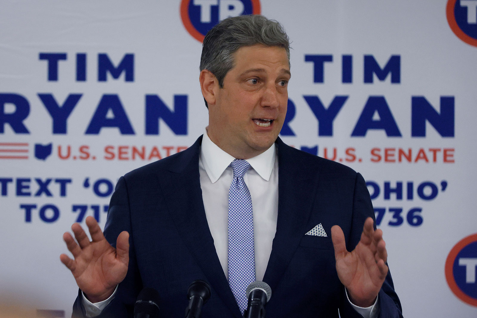 Democrat Tim Ryan speaks with supporters in Columbus, Ohio, after polling closed on Tuesday, May 3, the day of the primary election. 