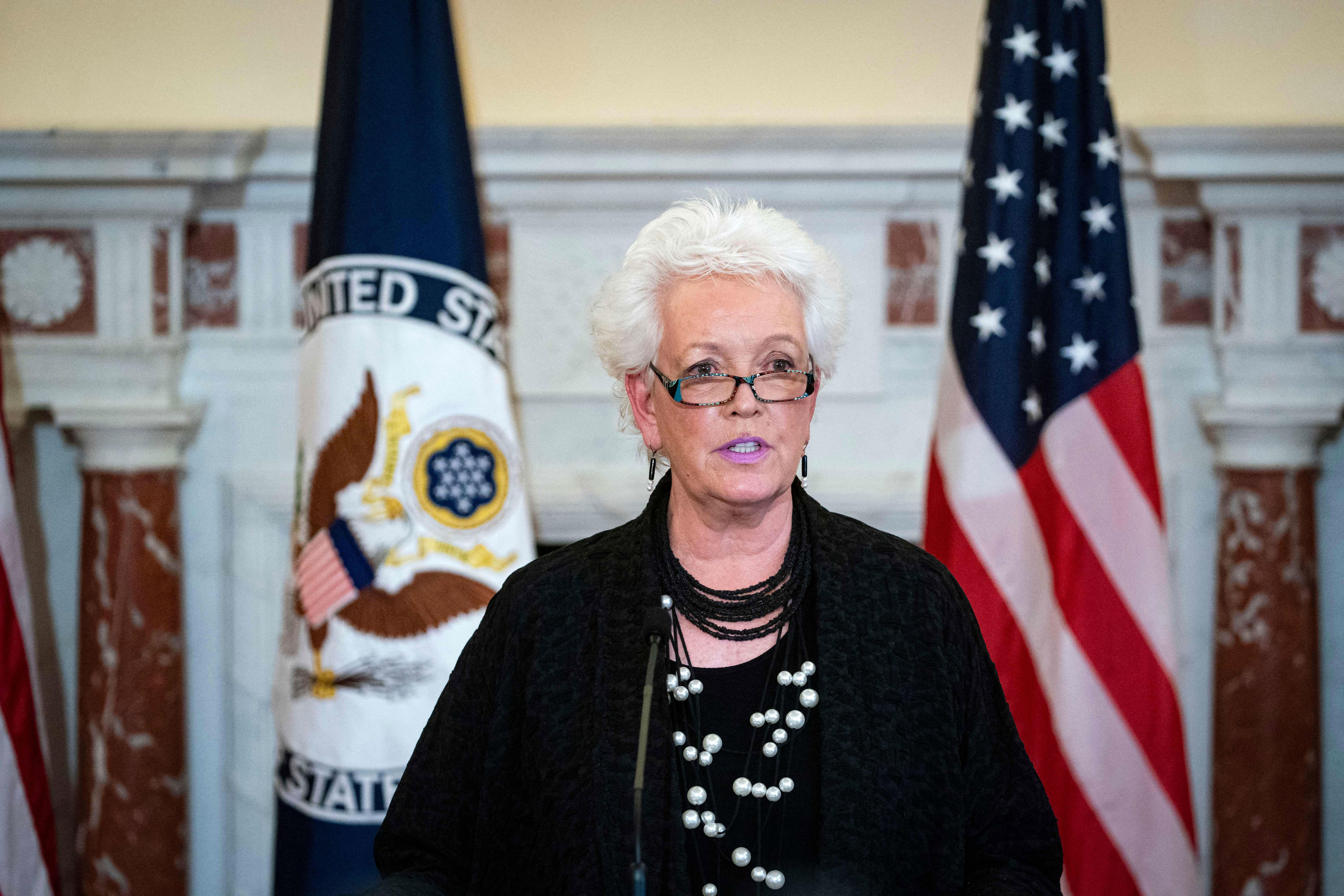 Gayle Smith habla en Washington, DC el 5 de abril después de que el secretario de Estado de los Estados Unidos, Antony Blinken, anunciara su nombramiento como Coordinadora del Departamento de Estado para la Respuesta Global Covid-19 y la Seguridad de la Salud.