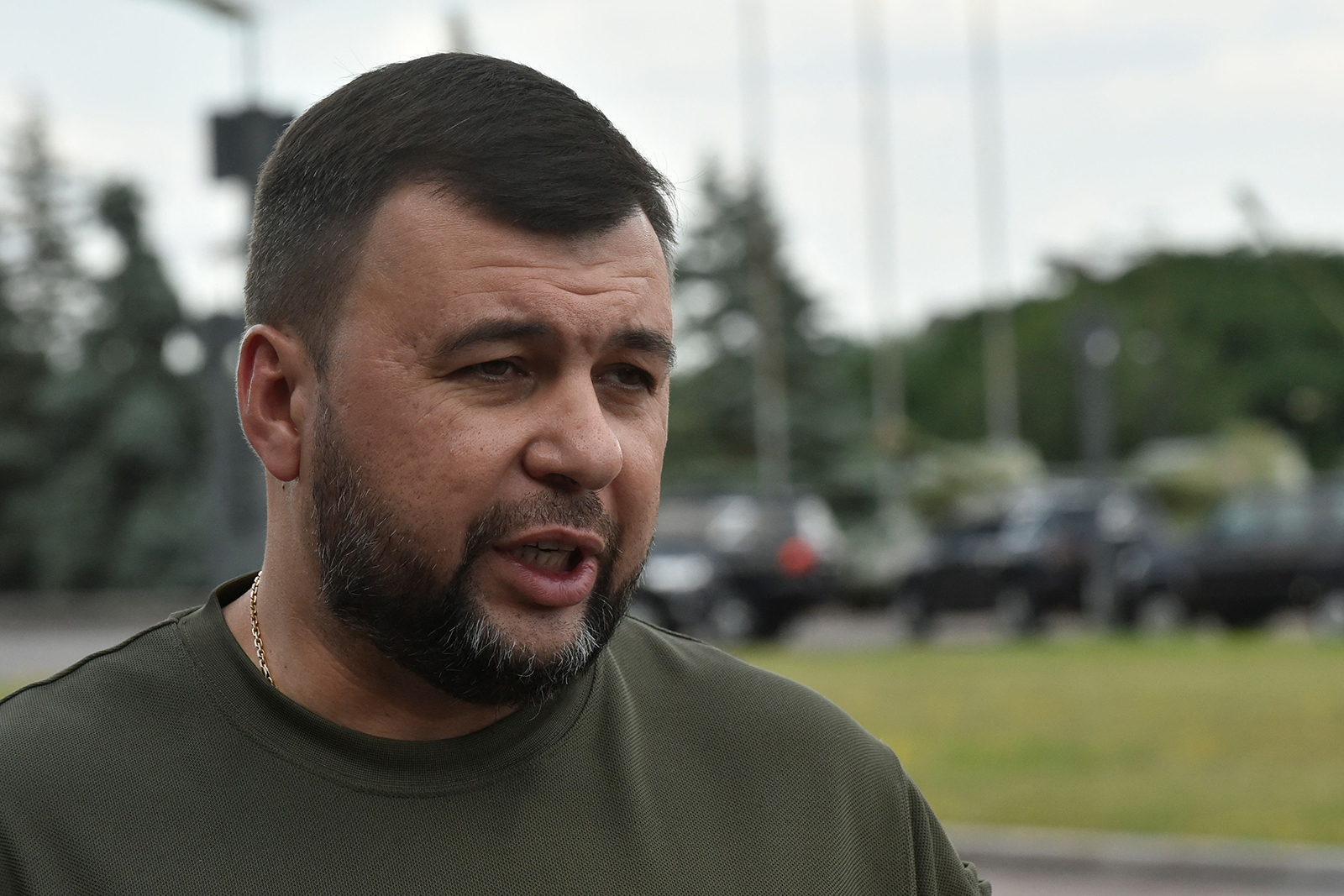 Denis Pushilin speaks to journalists in Donetsk on July 13, 2022.