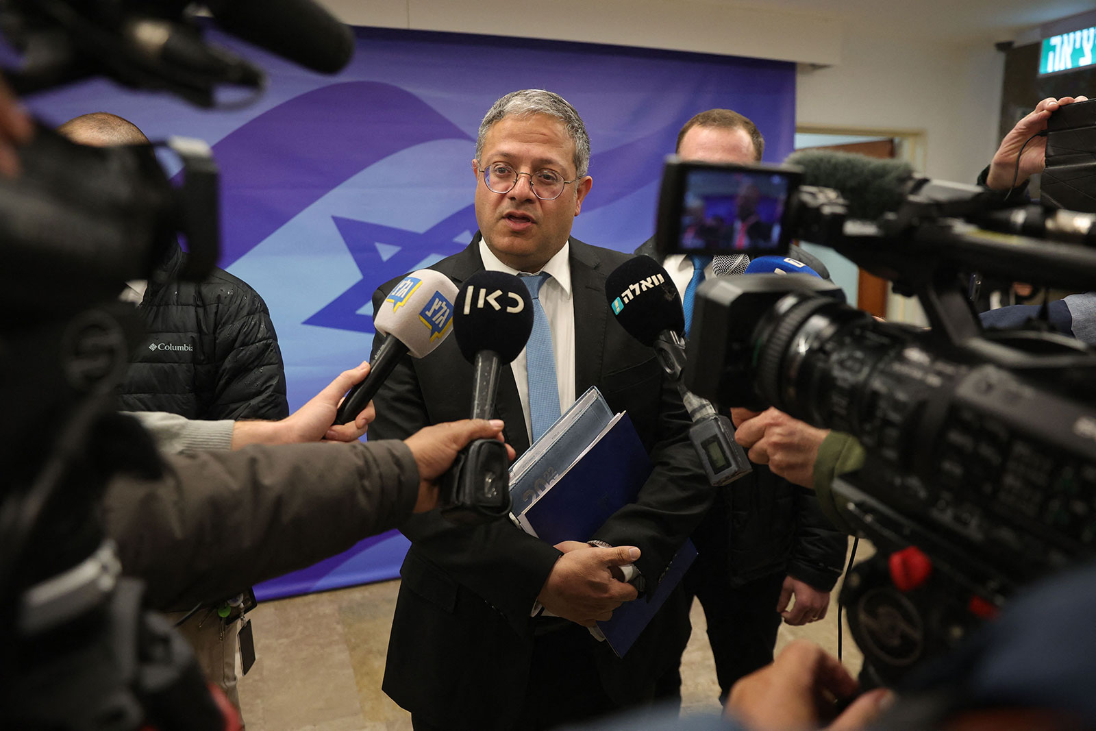 Itamar Ben Gvir speaks to the media ahead of the weekly cabinet meeting at the prime minister's office in Jerusalem on March 19. 