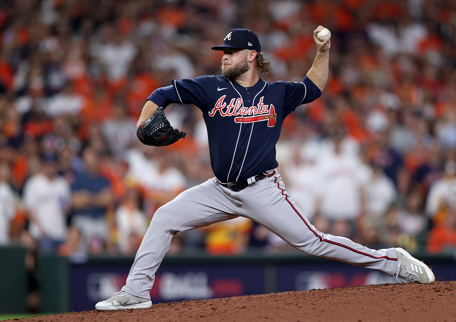 A.J. Minter of the Atlanta Braves delivers the pitch against the Houston Astros during the third inning.