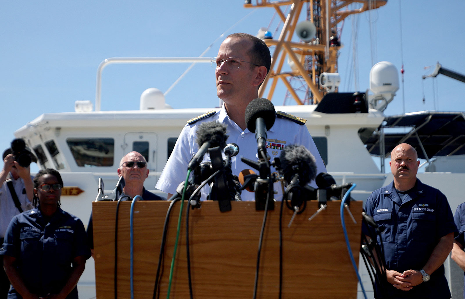 US Coast Guard Rear Admiral John Mauger speaks during a press conference in Boston on Thursday.