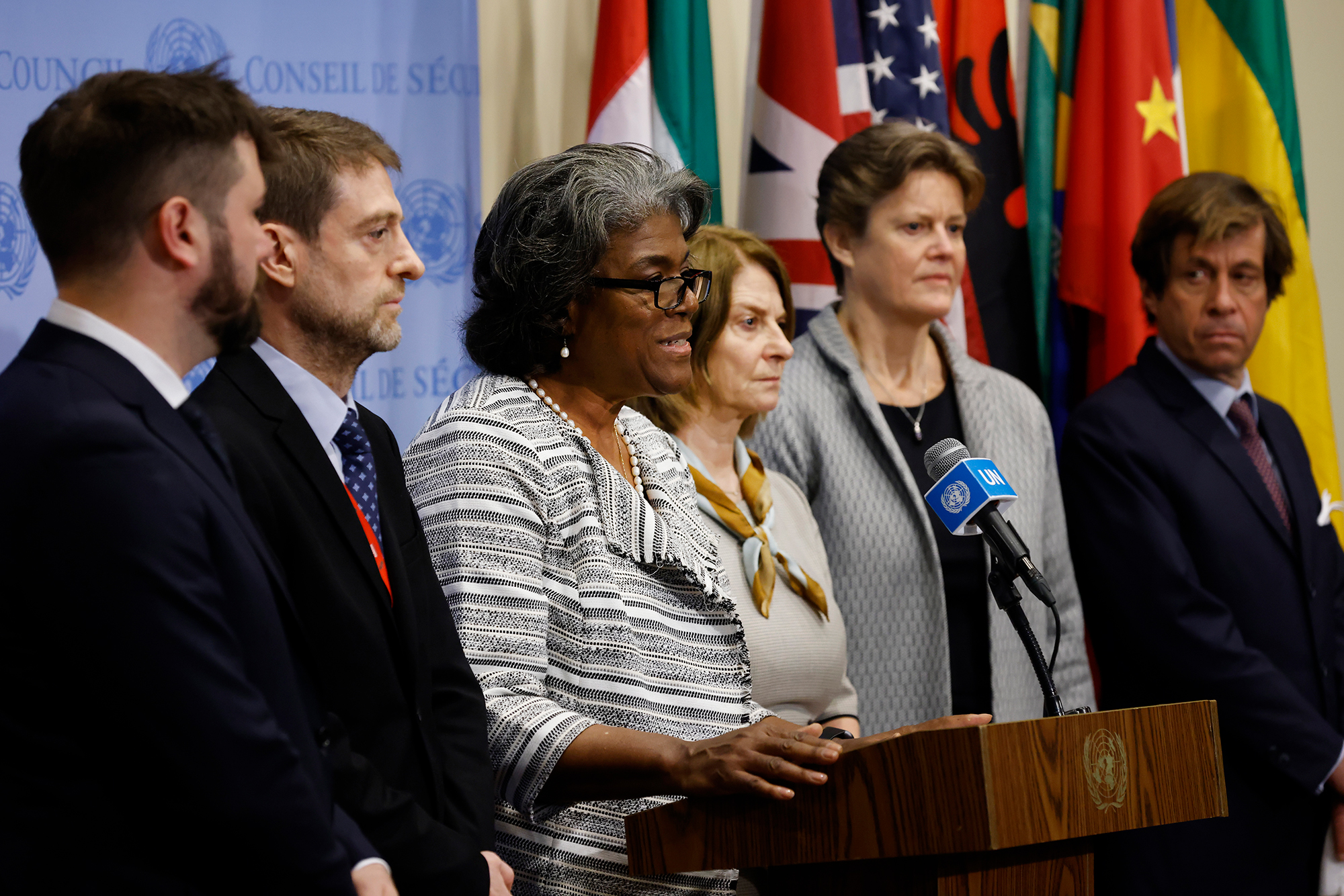 US Ambassador to the United Nations Linda Thomas-Greenfield delivers a statement at the United Nations Security Council meeting on Friday, March 18. 