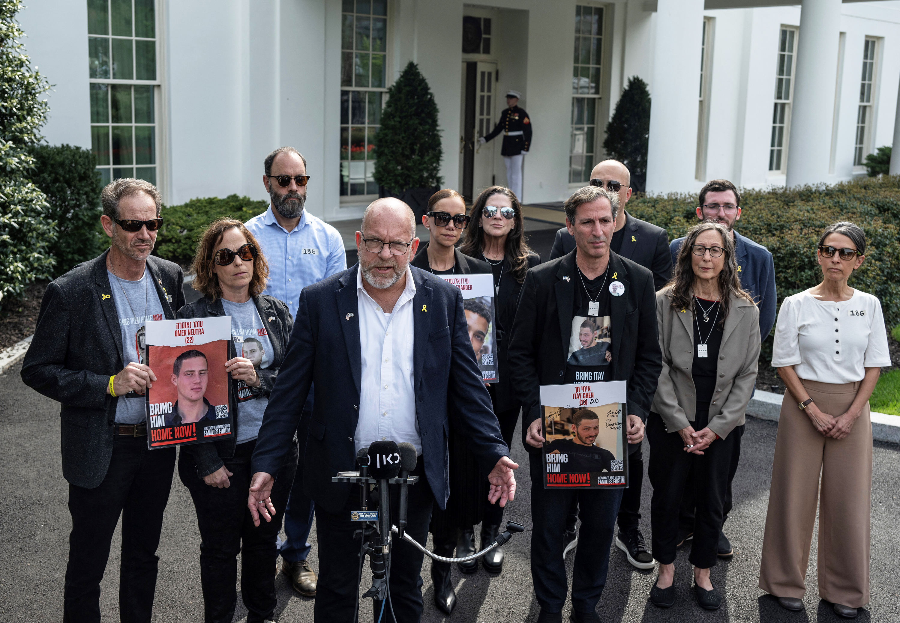 Family members of Israeli hostages being held in Gaza speak to the press after meeting with US Vice President Kamala Harris outside the West Wing at the White House in Washington, DC, on April 4.