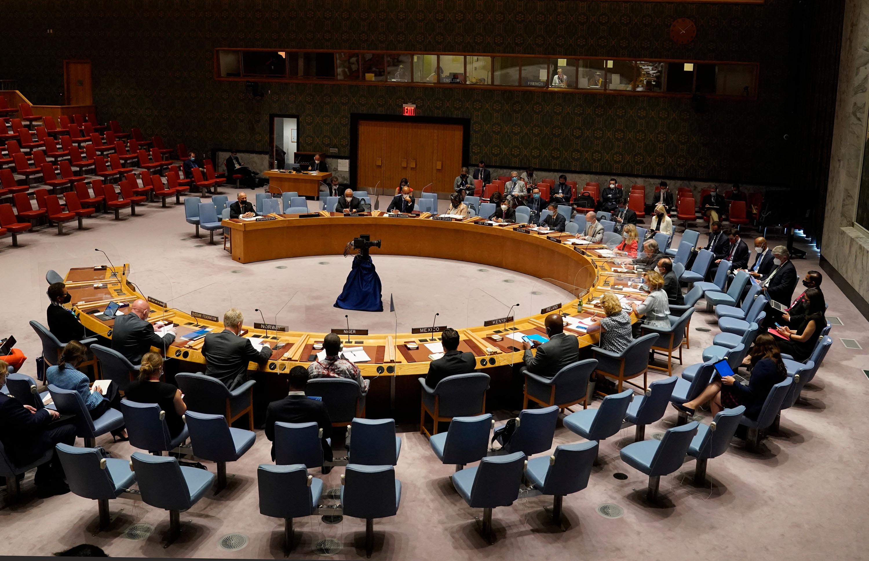 United Nations Secretary General António Guterres and others gather for a UN Security Council meeting on Afghanistan on August 16, 2021 at the United Nations in New York.