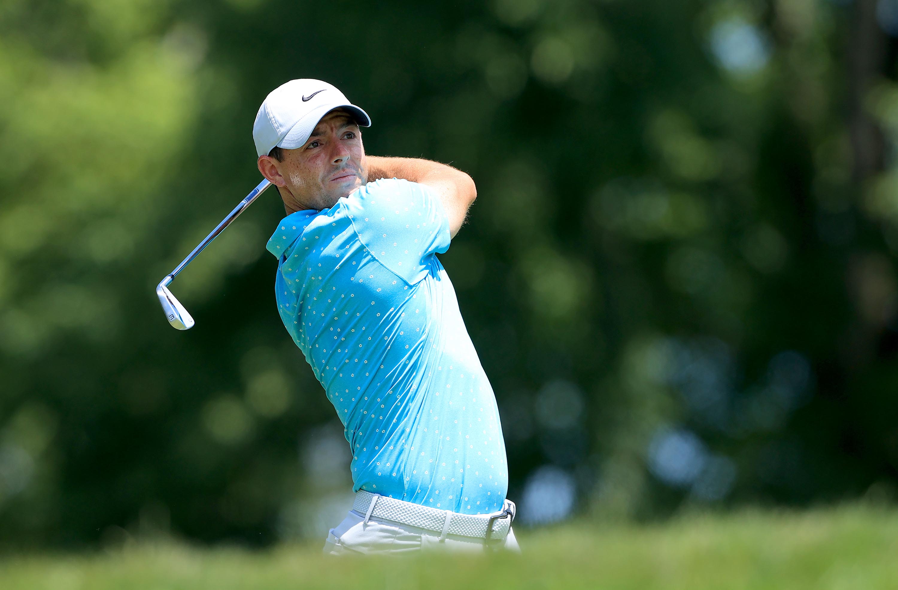 Rory McIlroy of Northern Ireland plays his shot from the fourth tee during the third round of The Memorial Tournament at Muirfield Village Golf Club in Dublin, Ohio, on July 18.