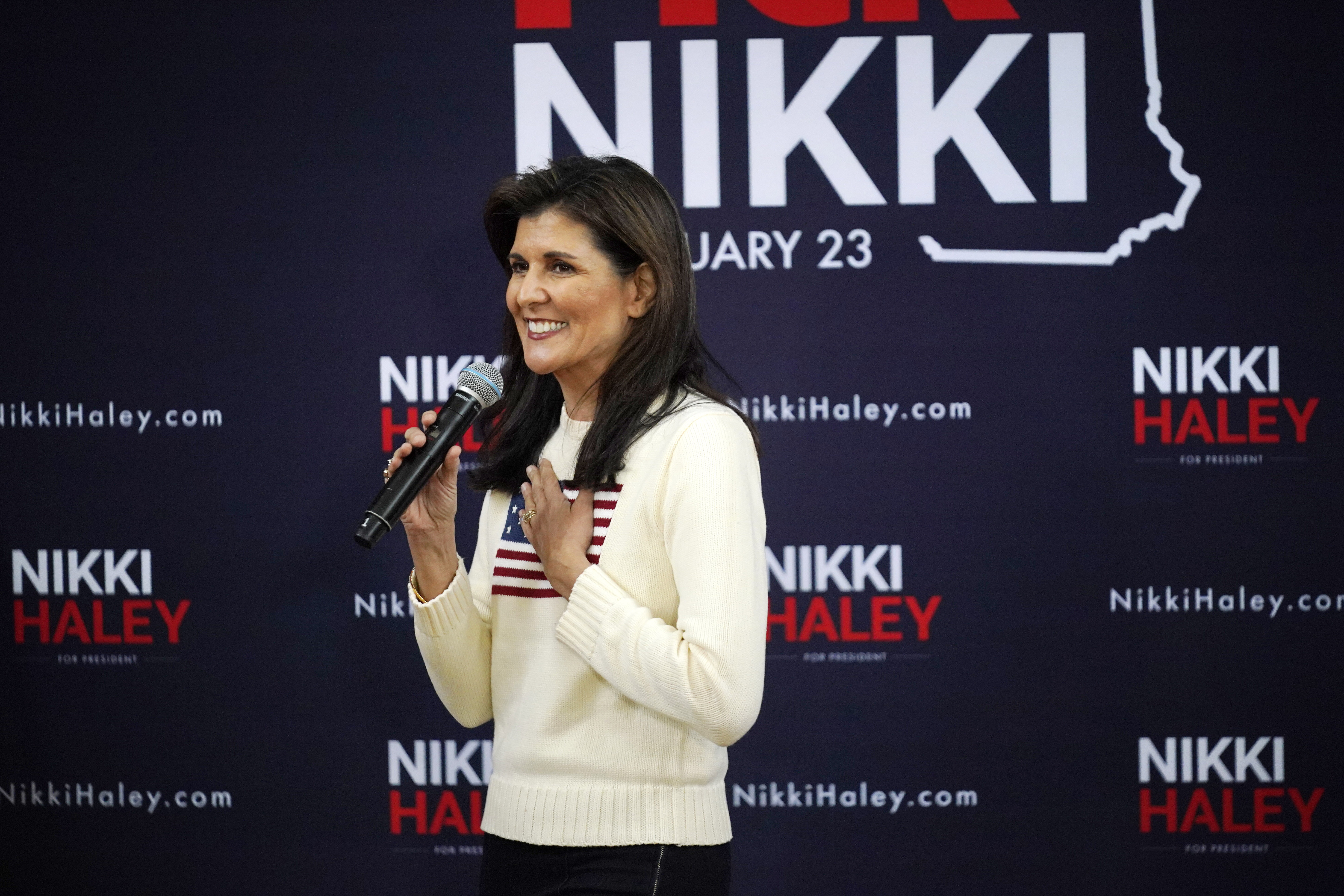 Republican presidential candidate Nikki Haley shows her appreciation for the crowd singing "Happy Birthday" to her during a campaign event in Peterborough, New Hampshire, on January 20.