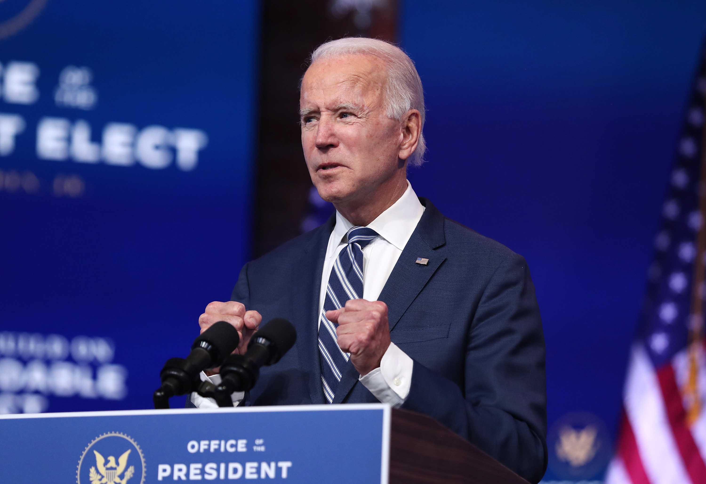 U.S. President-elect Joe Biden addresses the media about the Trump Administration’s lawsuit to overturn the Affordable Care Act on November 10, at The Queen theater in Wilmington, Delaware.