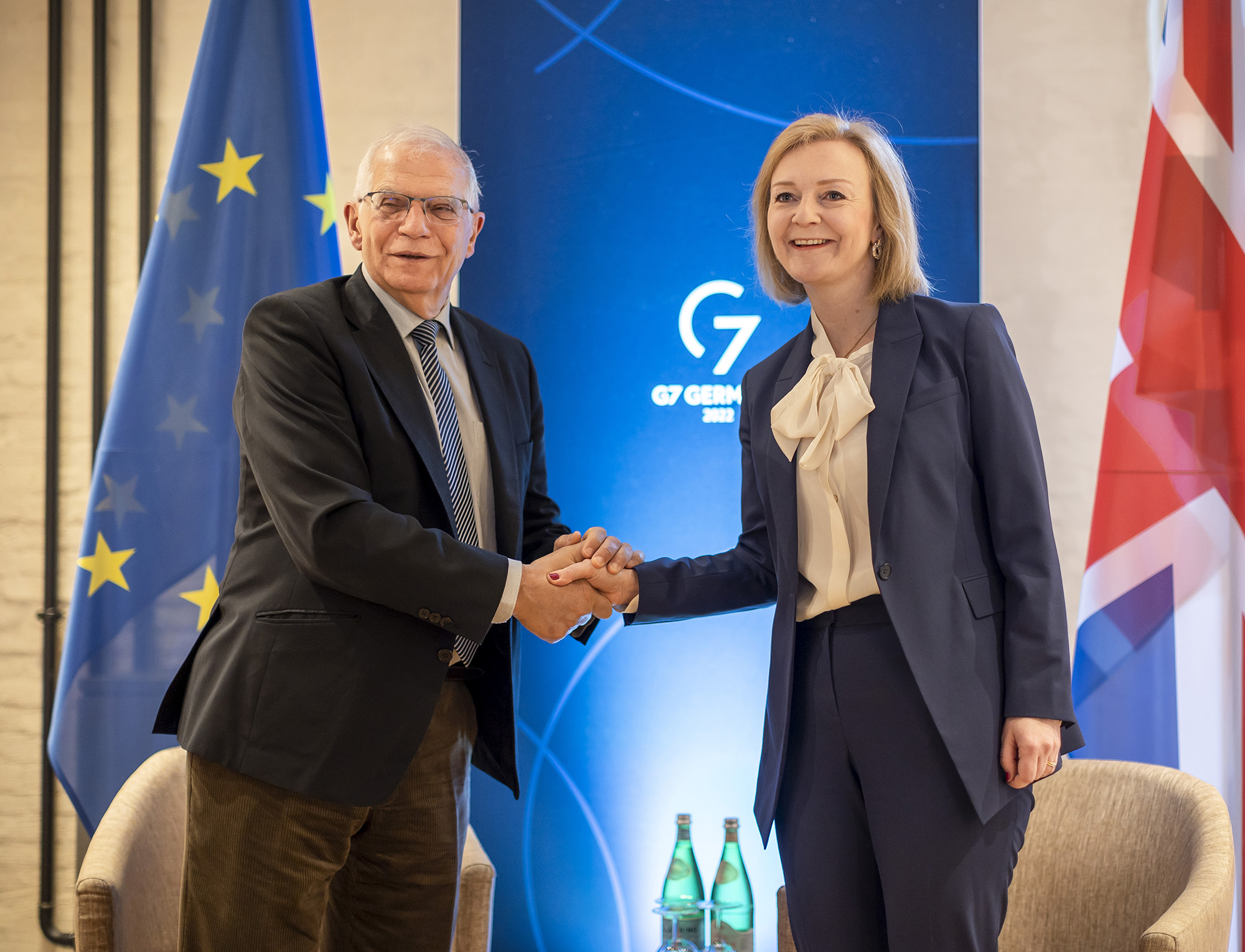 Josep Borrell, left, High Representative of the European Union for Foreign Affairs and Security Policy, meets Elizabeth Truss, Secretary of State for Foreign and Commonwealth Affairs, on May 13, in Weissenhaus, Germany. 