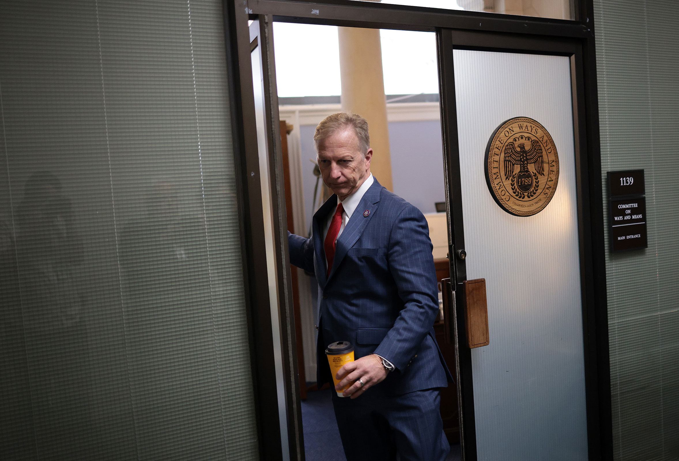 Rep. Kevin Hern leaves a House Republican caucus meeting at the Longworth House Office Building on October 13, 2023 in Washington, DC.