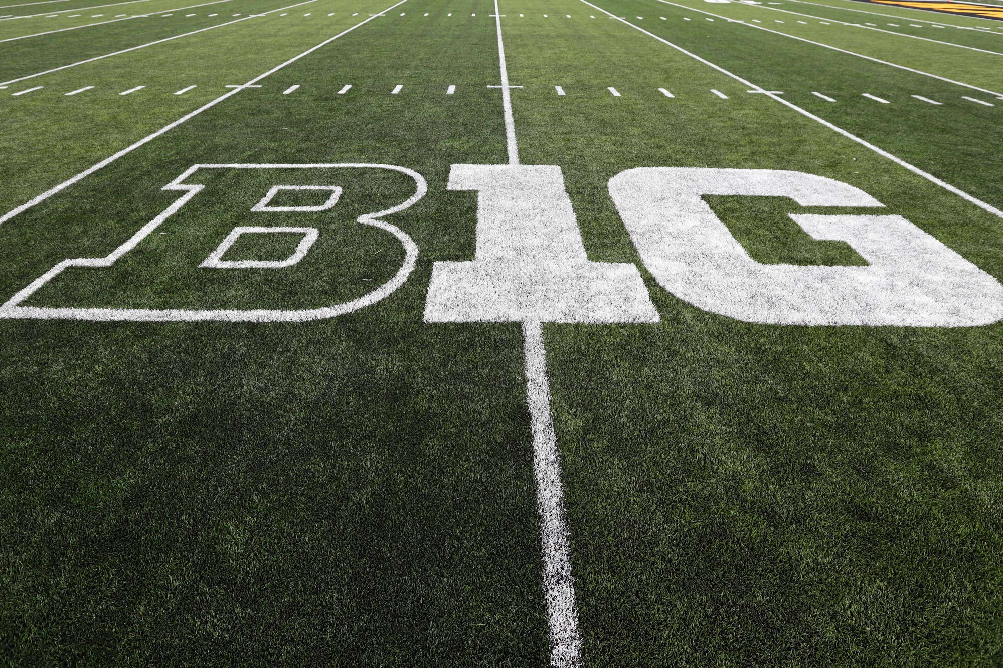 The Big Ten logo is displayed on the field before an NCAA college football game in Iowa City, Iowa, on August 31, 2019.