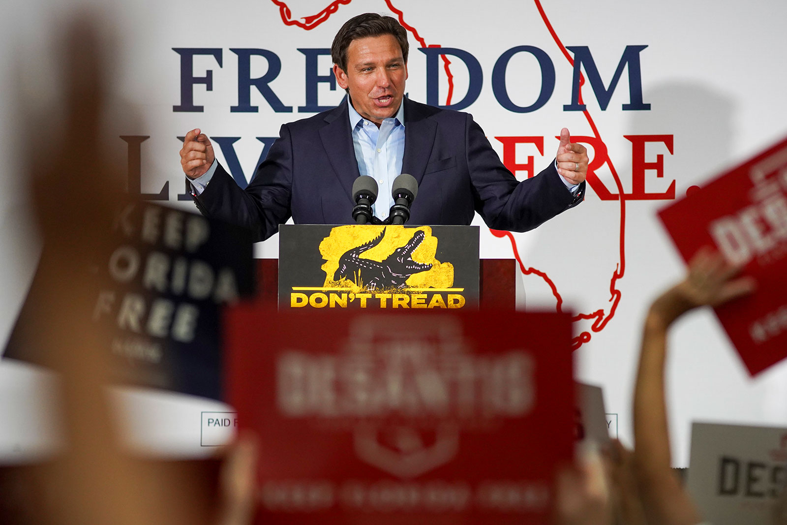 Florida Gov. Ron DeSantis speaks to a crowd of supporters during a rally on November 6. 
