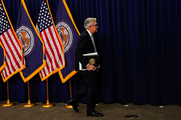 Jerome Powell leaves a news conference after announcing the Fed raised interest rates by three-quarters of a percentage point as part of their continuing efforts to combat inflation, following the Federal Open Market Committee meeting on interest rate policy in Washington, on November 2.