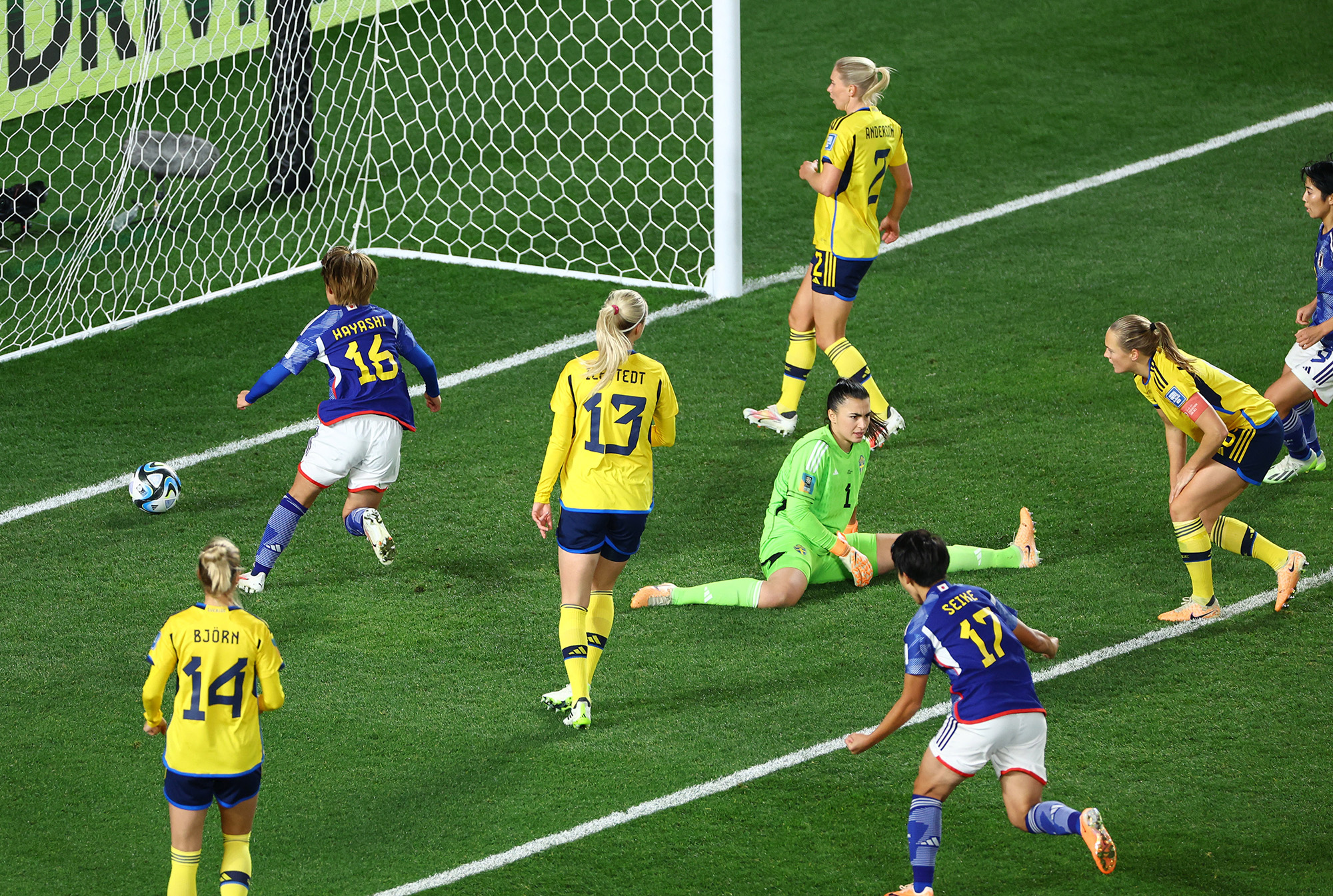 Japan's Honoka Hayashi scores their first goal during Japan v Sweden at Eden Park, Auckland, New Zealand, on August 11.