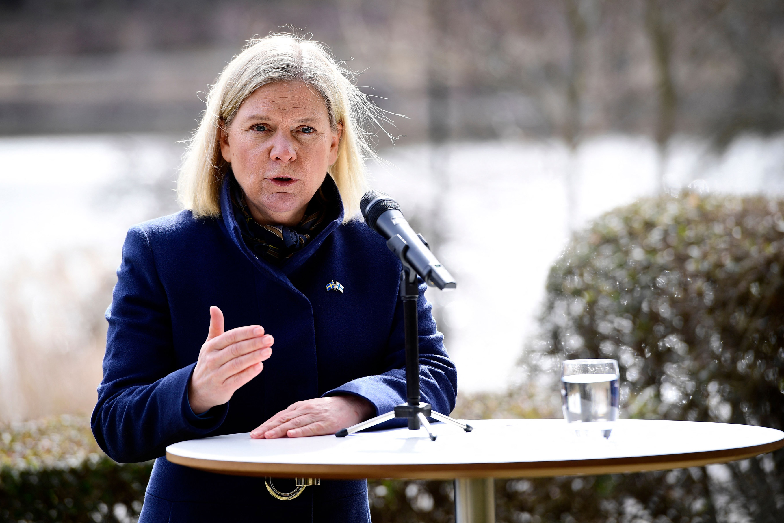 Swedish Prime Minister Magdalena Andersson speaks at a press conference in Stockholm, on April 13.
