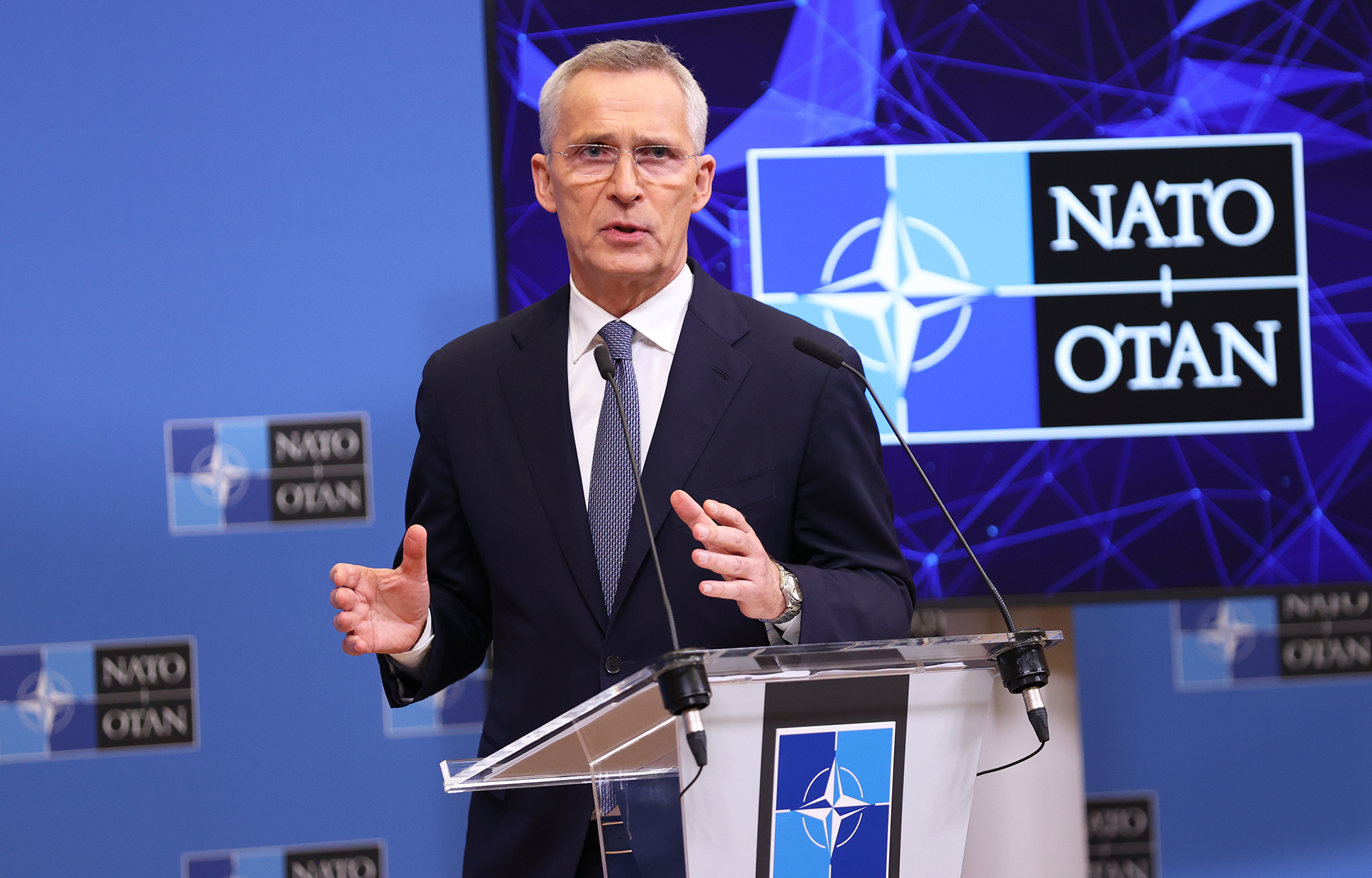 NATO Secretary General Jens Stoltenberg holds a press conference prior to the meeting of NATO Ministers of Foreign Affairs in Brussels, Belgium, on April 3.