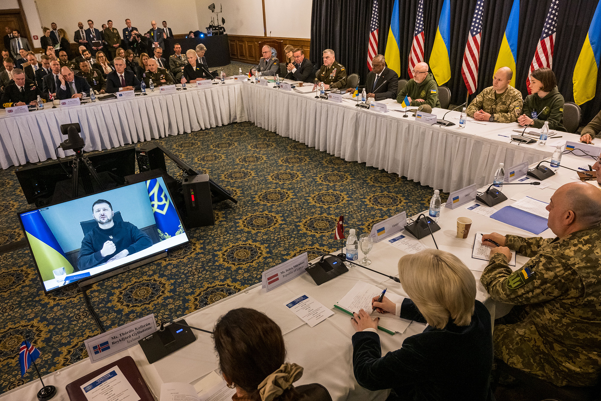 Ukrainian President Volodymyr Zelensky addresses a meeting of the Ukraine Defense Contact Group at Ramstein Air Base on January 20, in Ramstein-Miesenbach, Germany.
