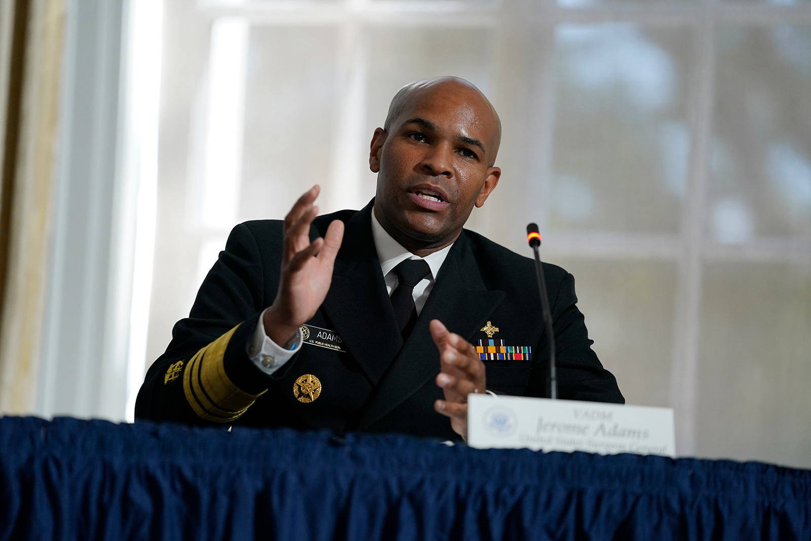 Surgeon General Jerome Adams speaks during a round table on donating plasma at the American Red Cross national headquarters on Thursday, July 30, in Washington.