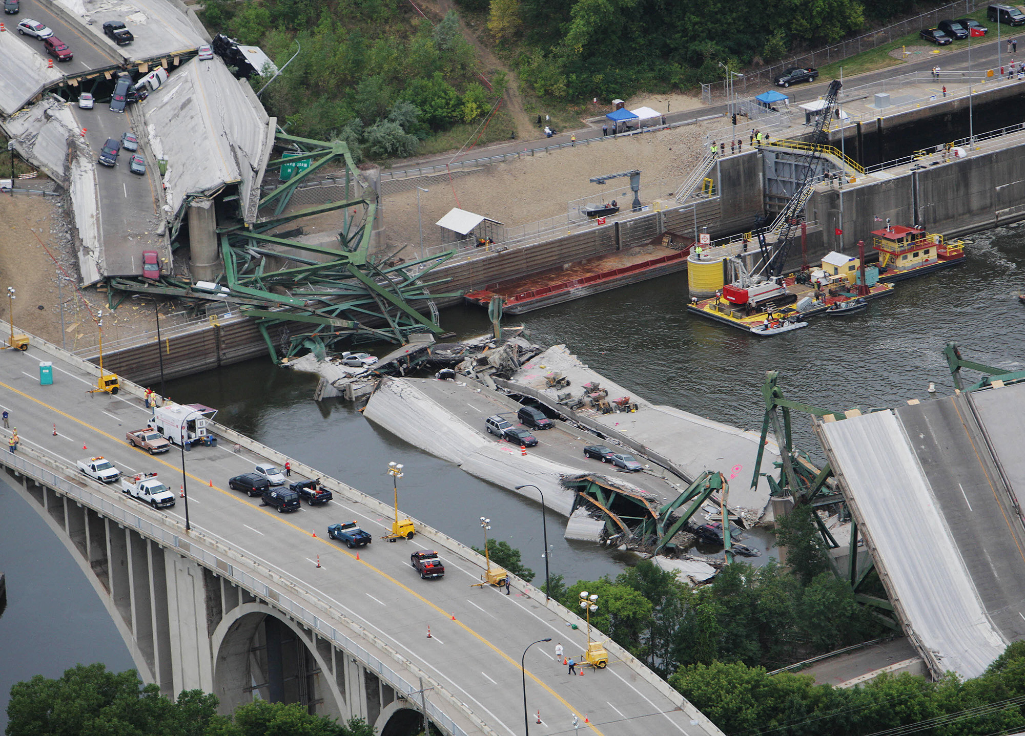 An aerial view of the collapsed I-35W bridge on August 4, 2007, in Minneapolis, Minnesota. 