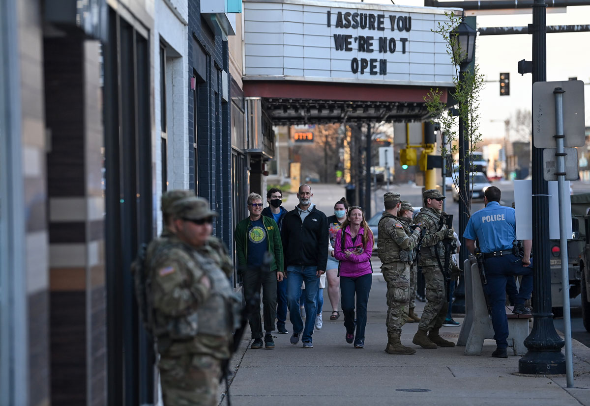 Members of the National Guard patrol along Hennepin Avenue on April 16 in Minneapolis, Minnesota. 