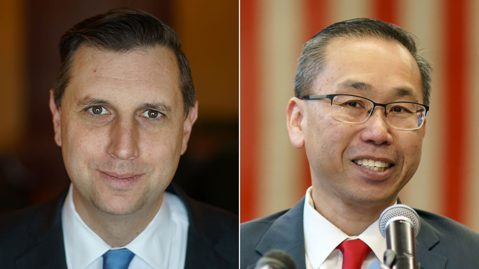 Seth Magaziner, left, and Allan Fung, right. 