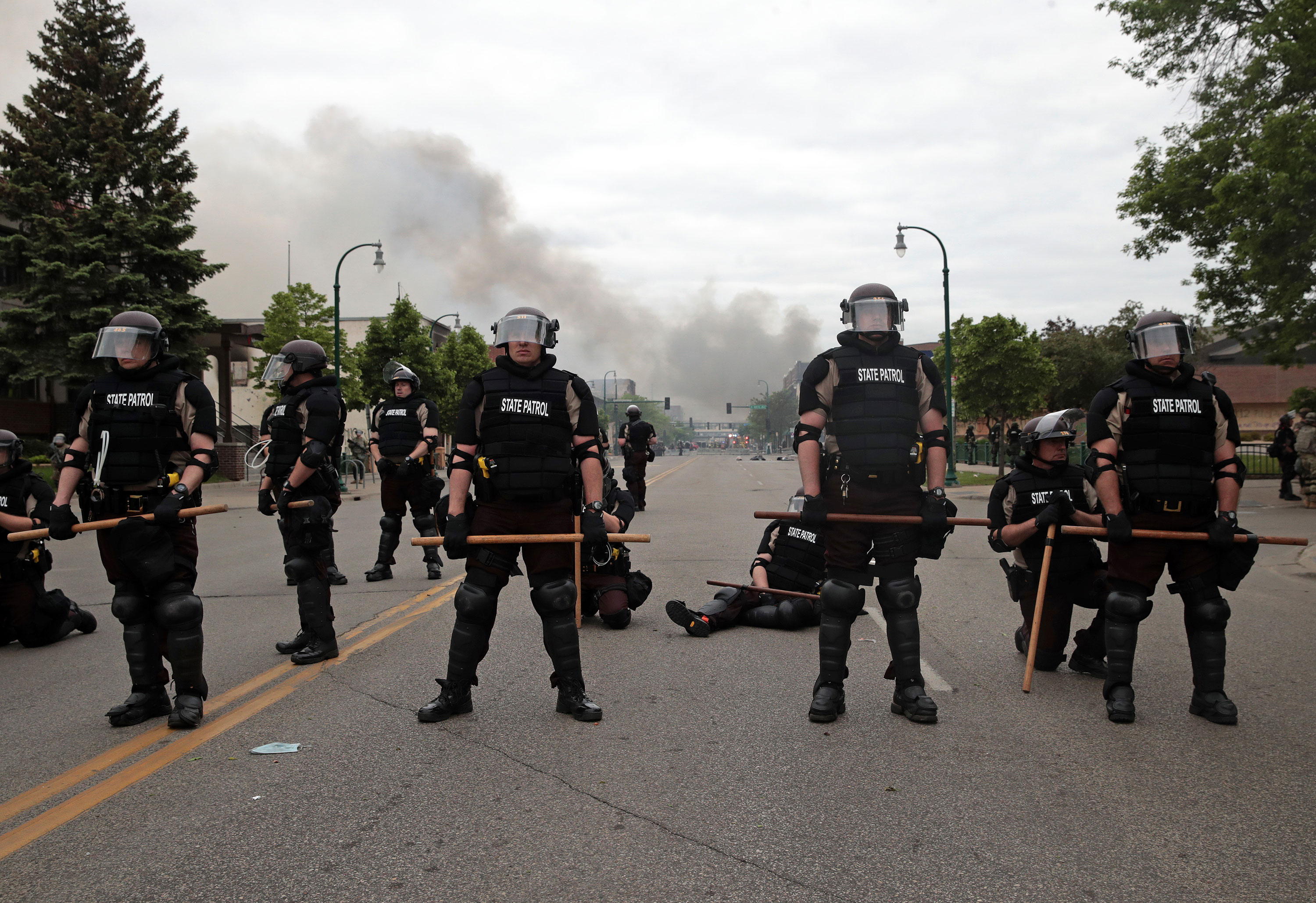 State patrol officers block a road in Minneapolis on May 29.