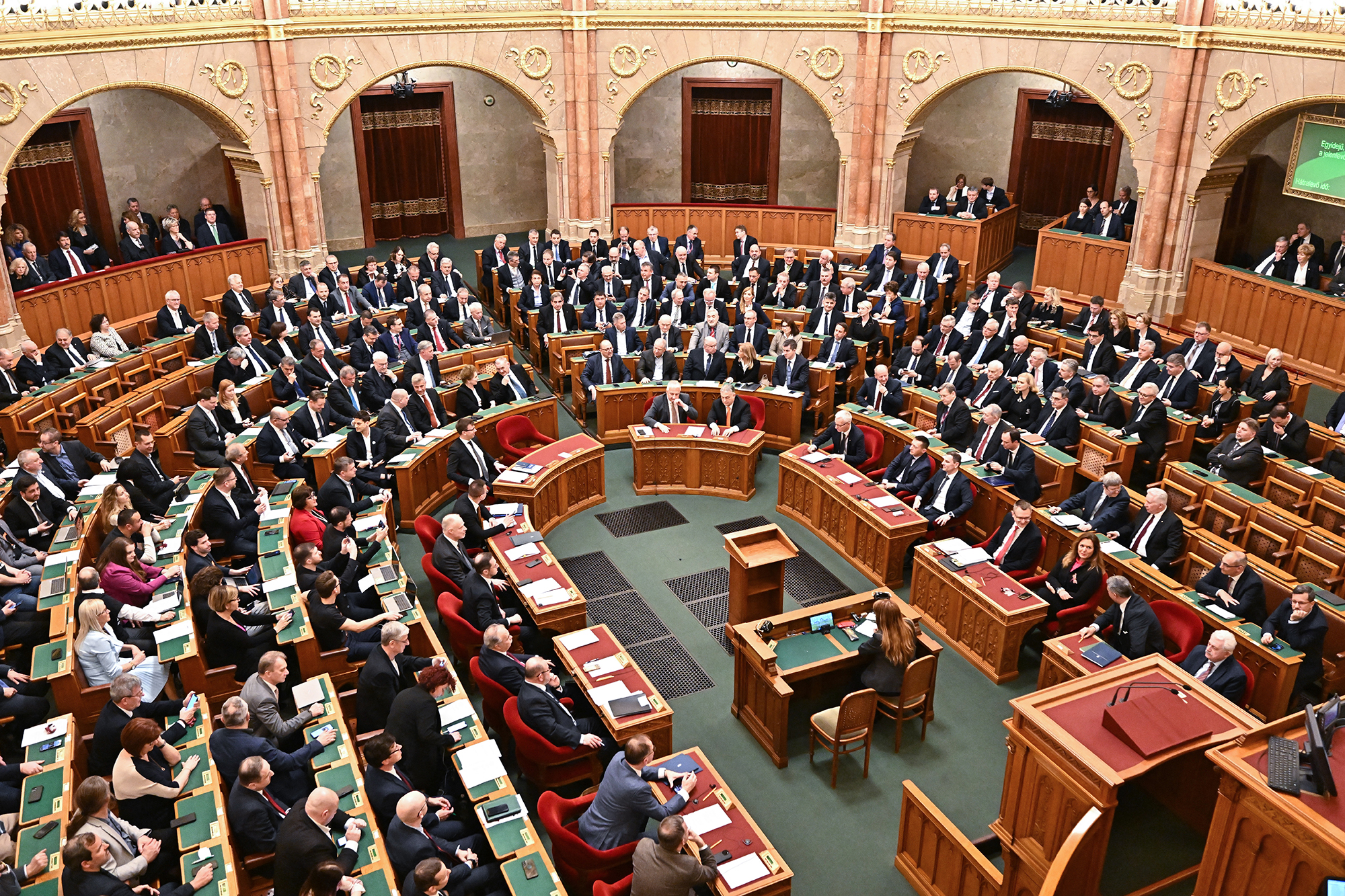 A view of the Hungarian Parliament as representatives vote on the ratification of Sweden's NATO membership in the main hall of the parliament building in Budapest, Hungary, on February 26.