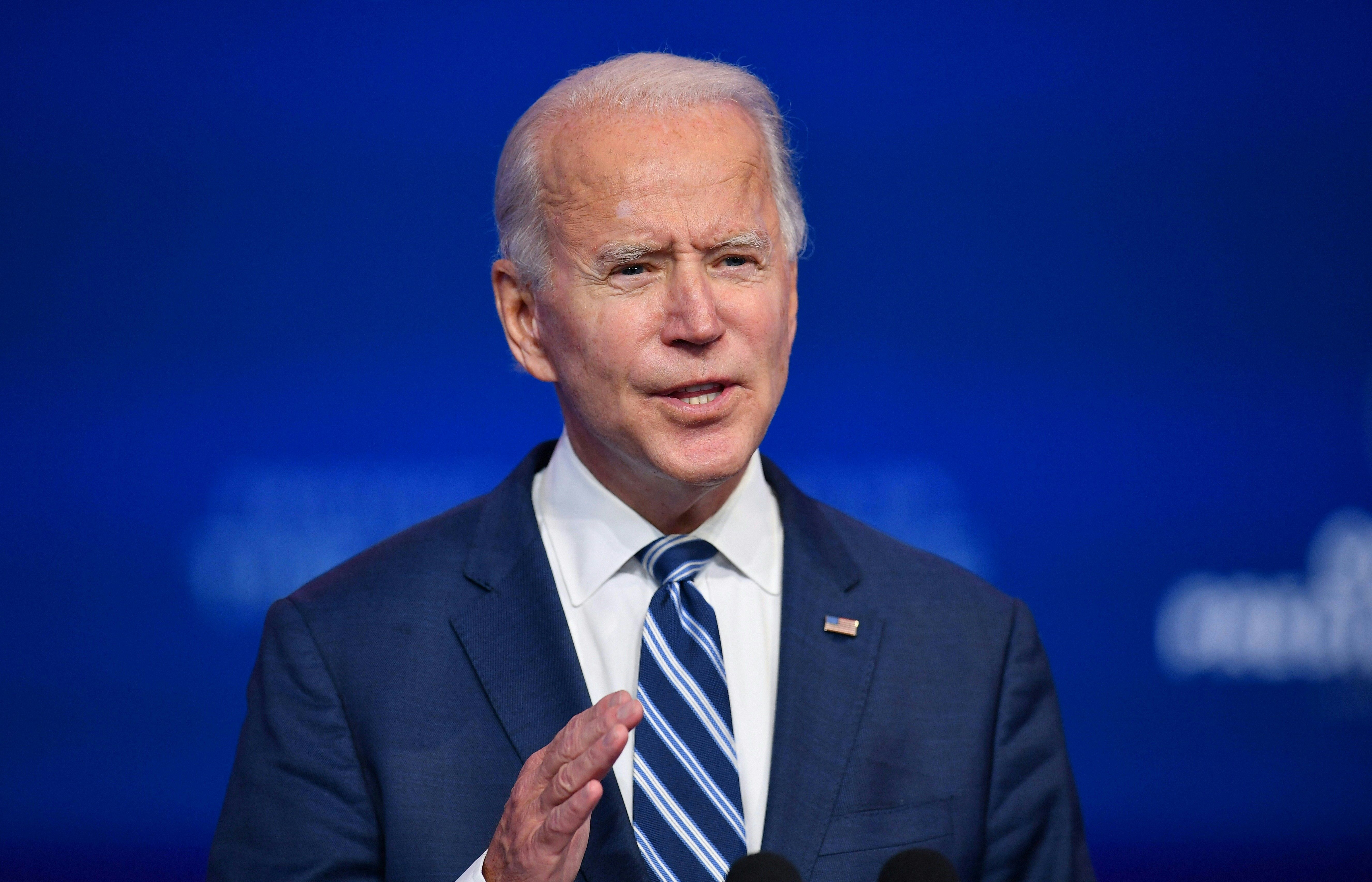 President-elect Joe Biden delivers remarks at The Queen in Wilmington, Delaware, on November 10. 