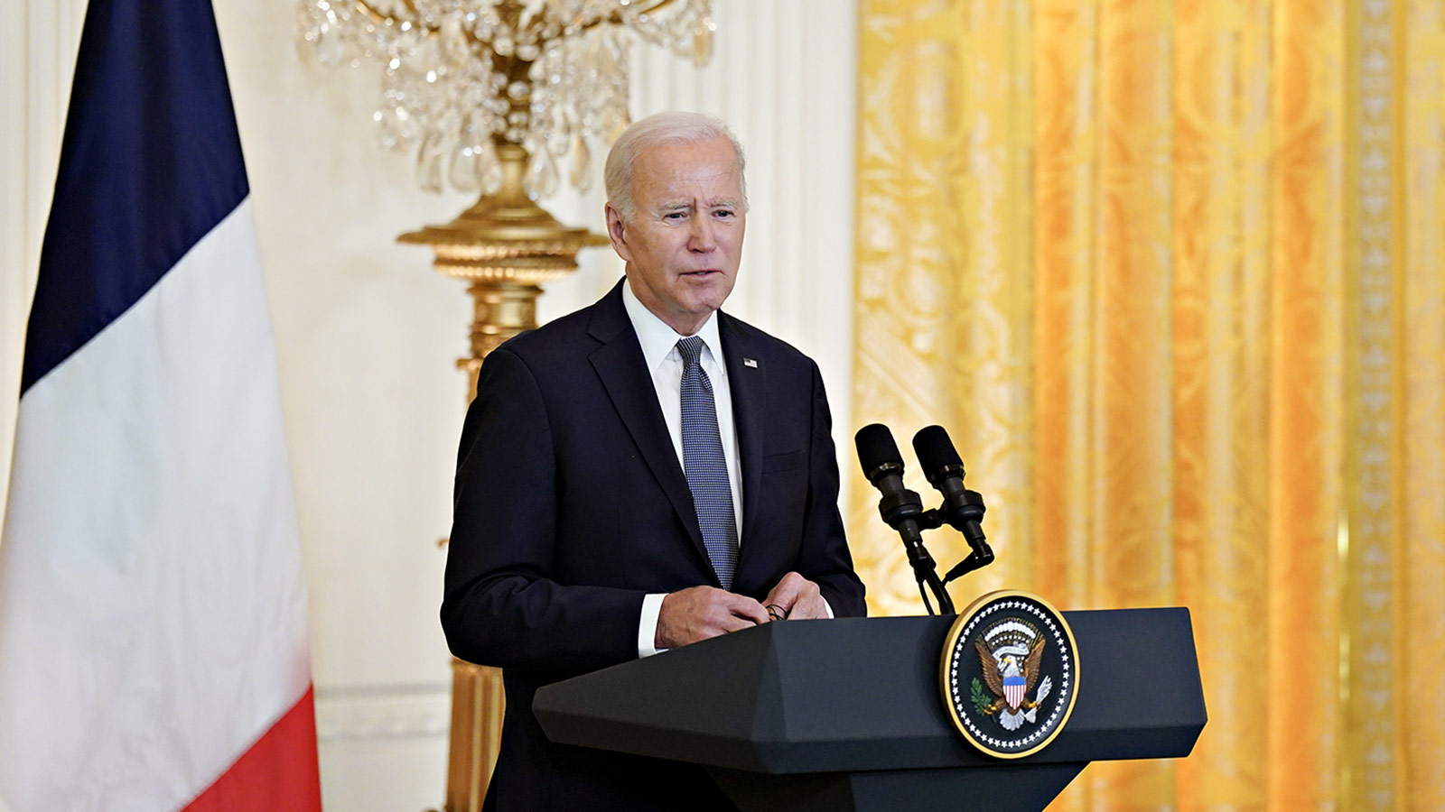 US President Joe Biden speaks at a news conference with French President Emmanuel Macron on Thursday, December 1. 