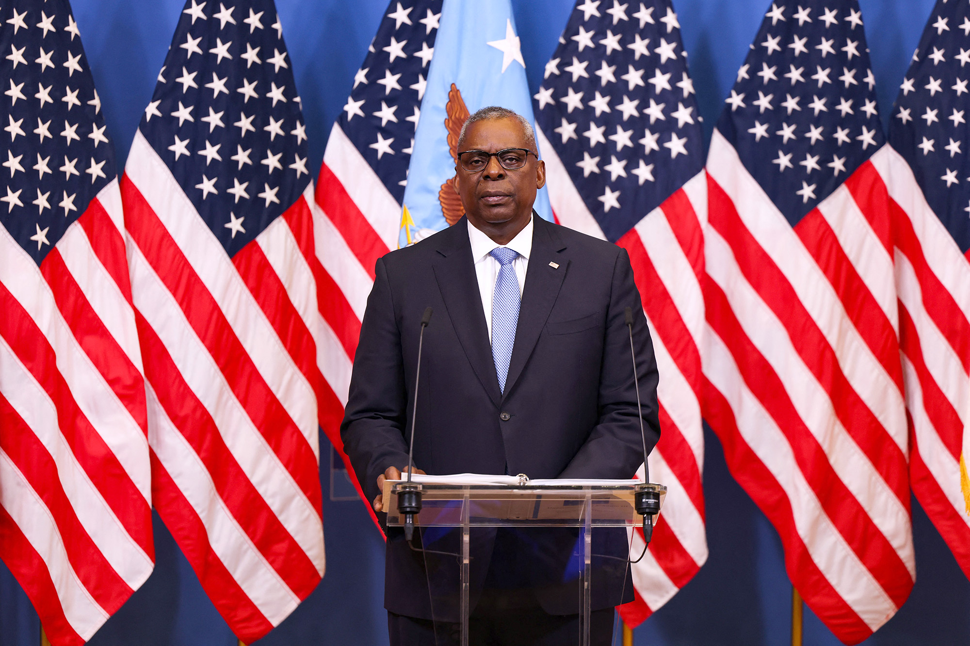 US Secretary of Defense Lloyd Austin gives a press conference at the NATO headquarters in Brussels, Belgium, on June 15.
