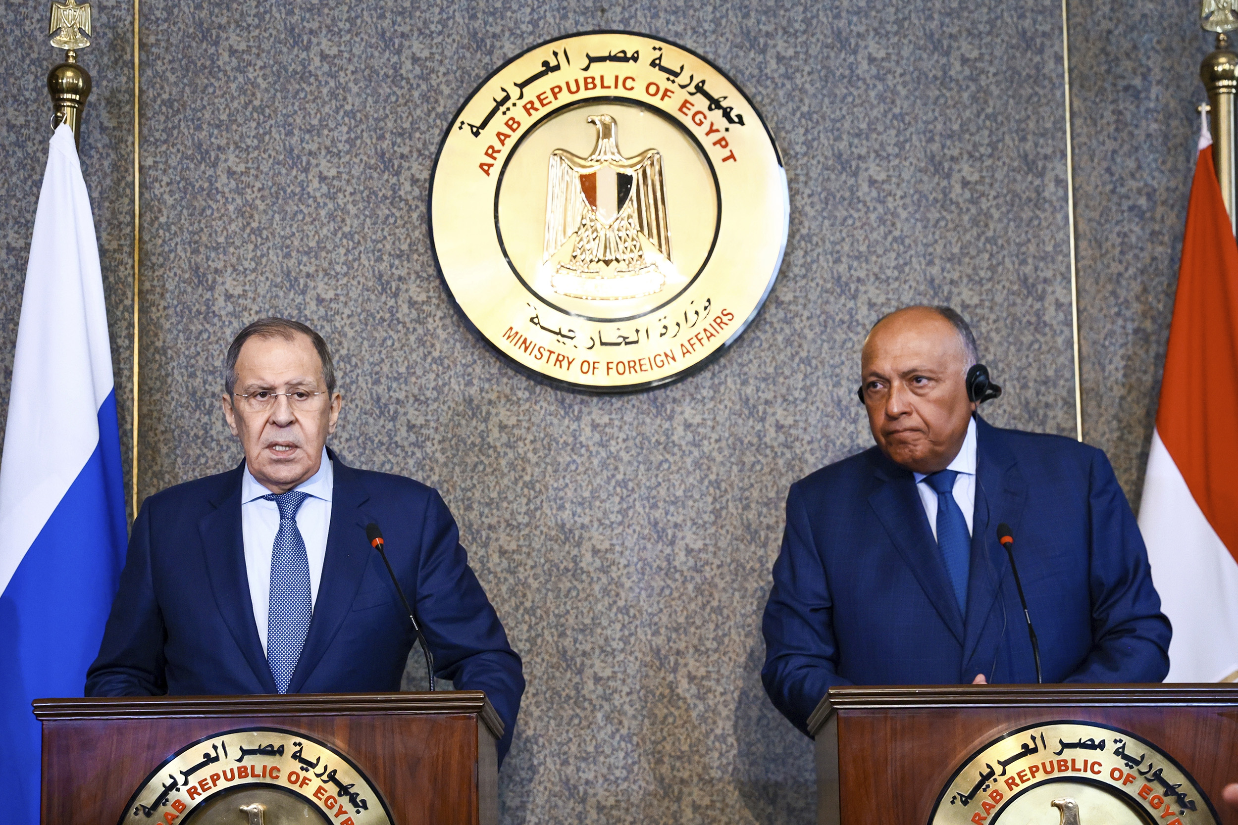 Russian Foreign Minister Sergey Lavrov, left, and Egyptian Minister of Foreign Affairs Sameh Shoukry, right, attend a joint news conference following their talks in Cairo, Egypt, on July 24.