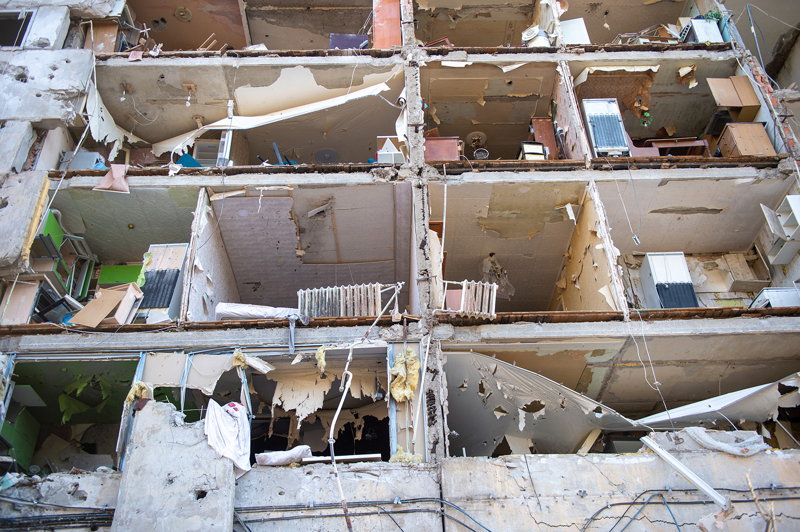 A residential building which was damaged as a result of a missile attack in Kharkiv, Ukraine on March 23.