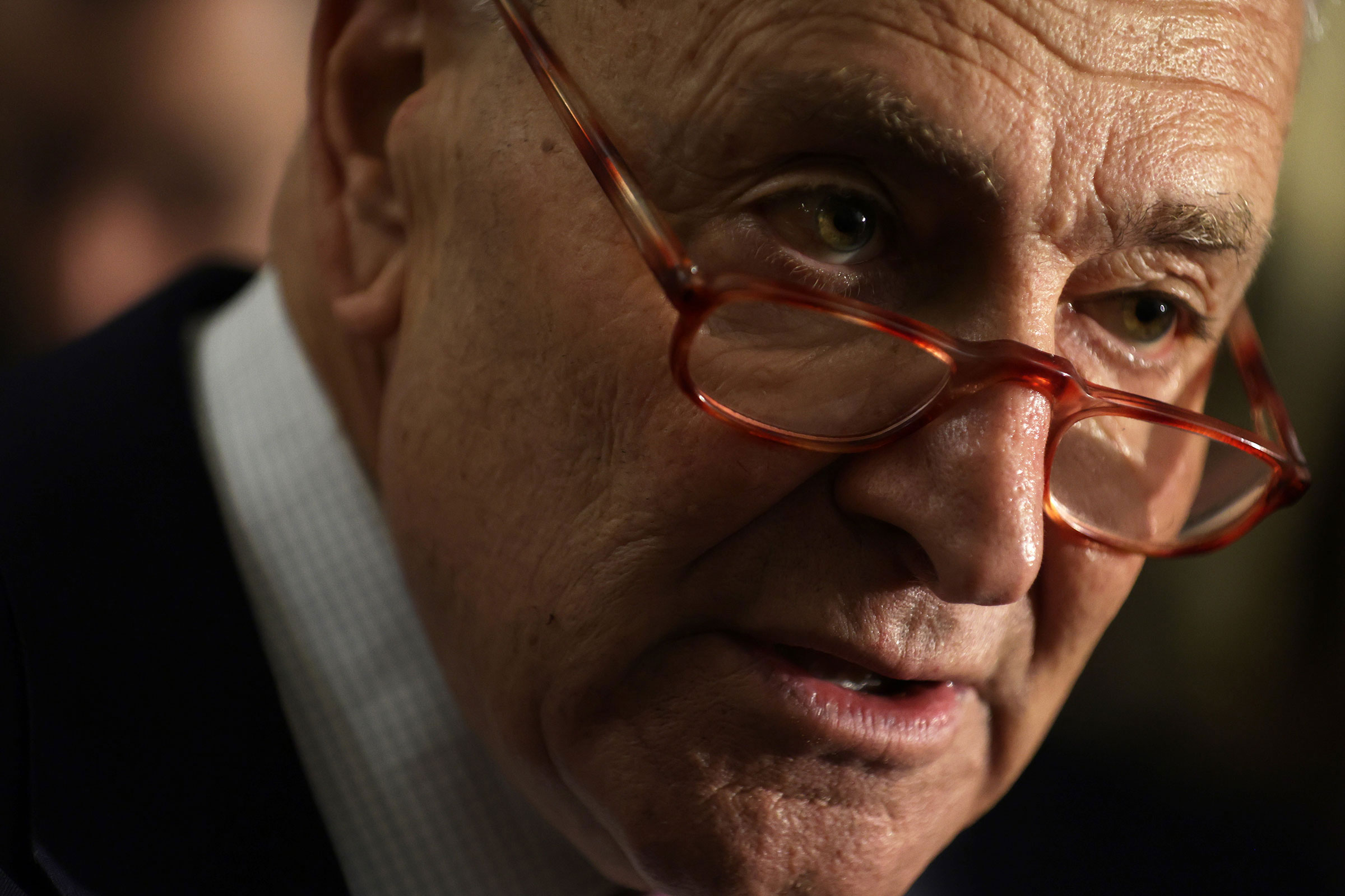 Senate Majority Leader Chuck Schumer speaks to members of the press during a news briefing after a weekly Senate Democratic policy luncheon at the Capitol on September 27, 2023 in Washington, DC. 