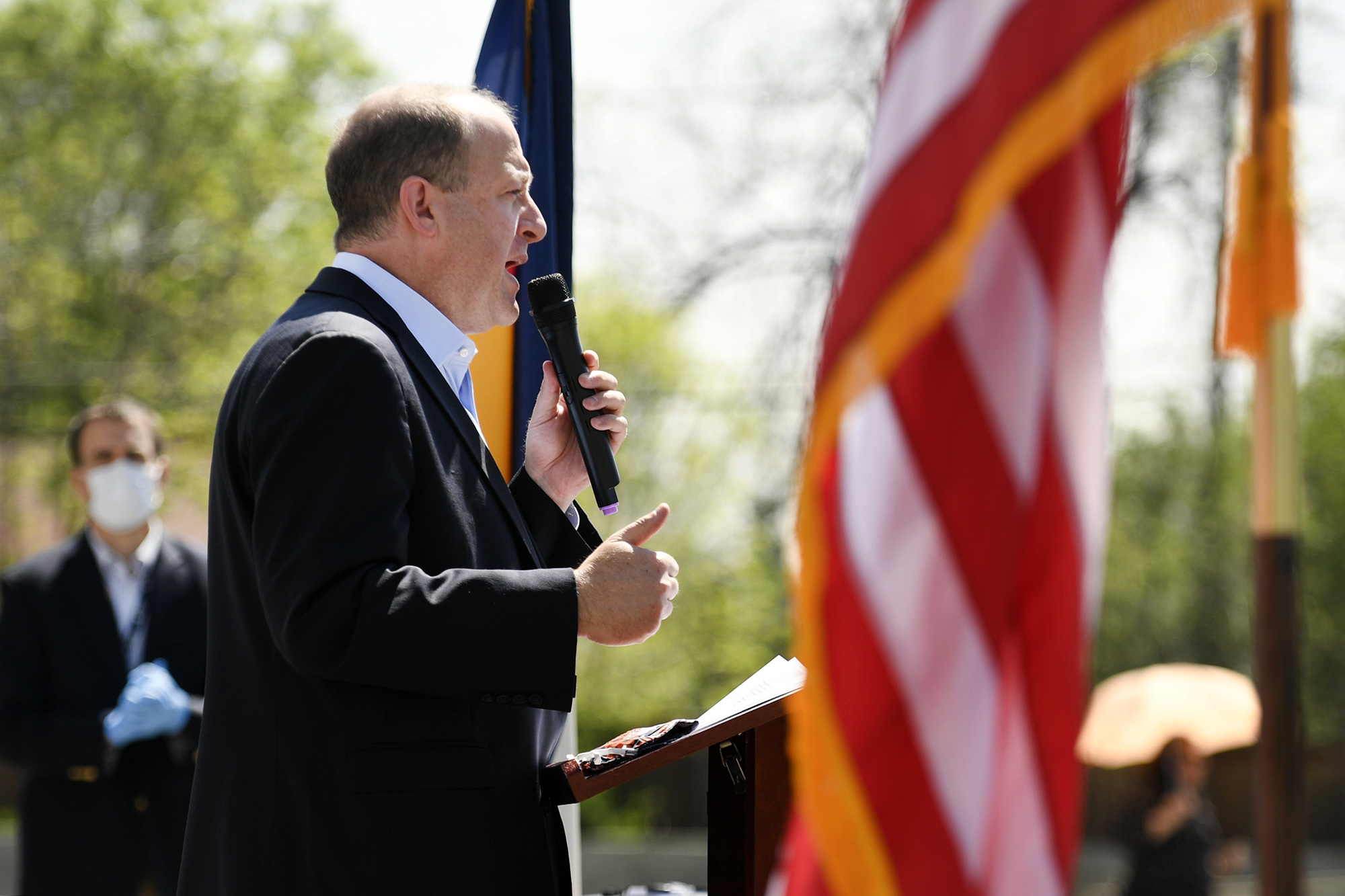 Colorado Governor holds a press conference outside of STRIDE Community Health Center in Wheat Ridge, Colorado on Monday, May 18. 
