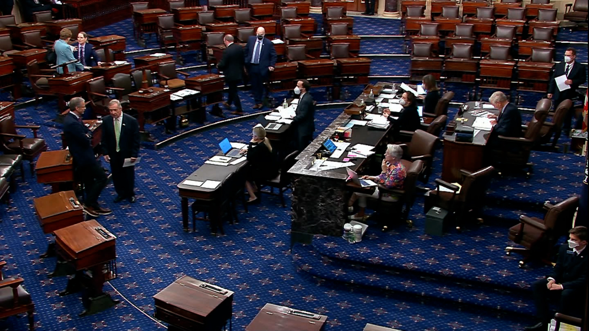 Members speak on the Senate floor on May 19, in Washington, DC. 