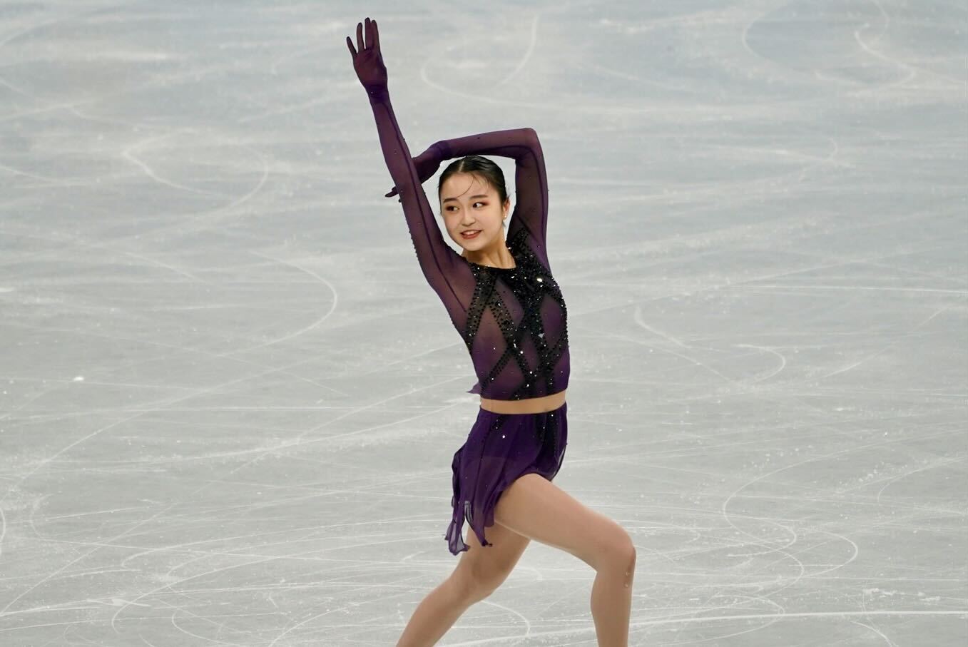Zhu finishing up her short program routine on February 15.