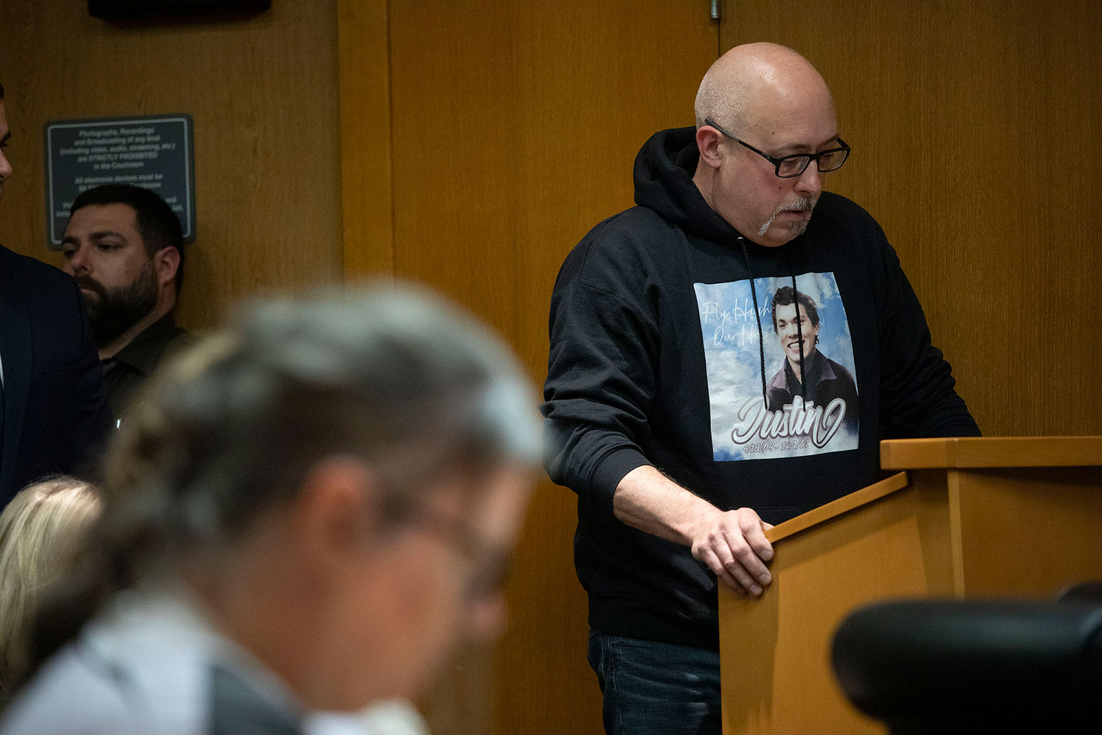 Craig Shilling, father of Justin Shilling, reads a victim impact statement on Tuesday at Oakland County Circuit Court in Pontiac, Michigan.