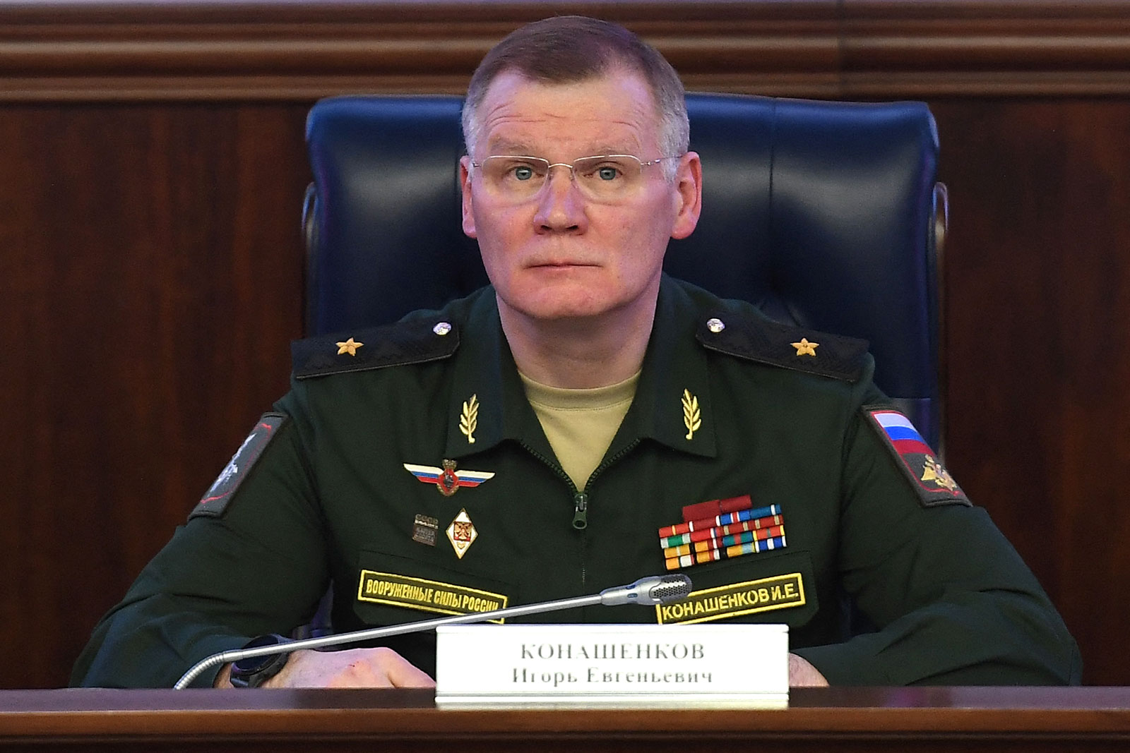 Russian Defense Ministry spokesman Igor Konashenkov attends a briefing in Moscow, on March 25. 