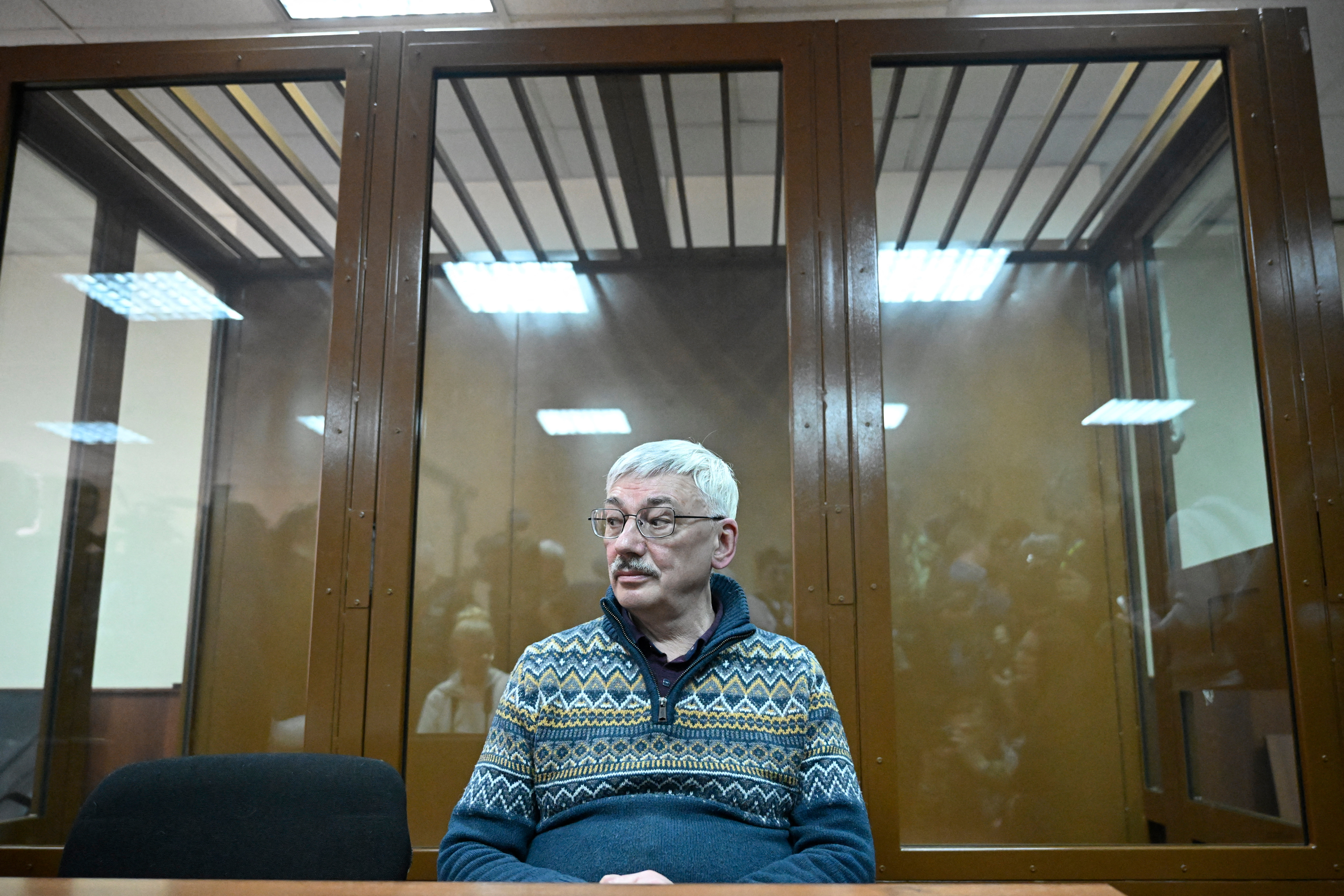 Oleg Orlov attends his verdict hearing in Moscow on February 27, 2024.