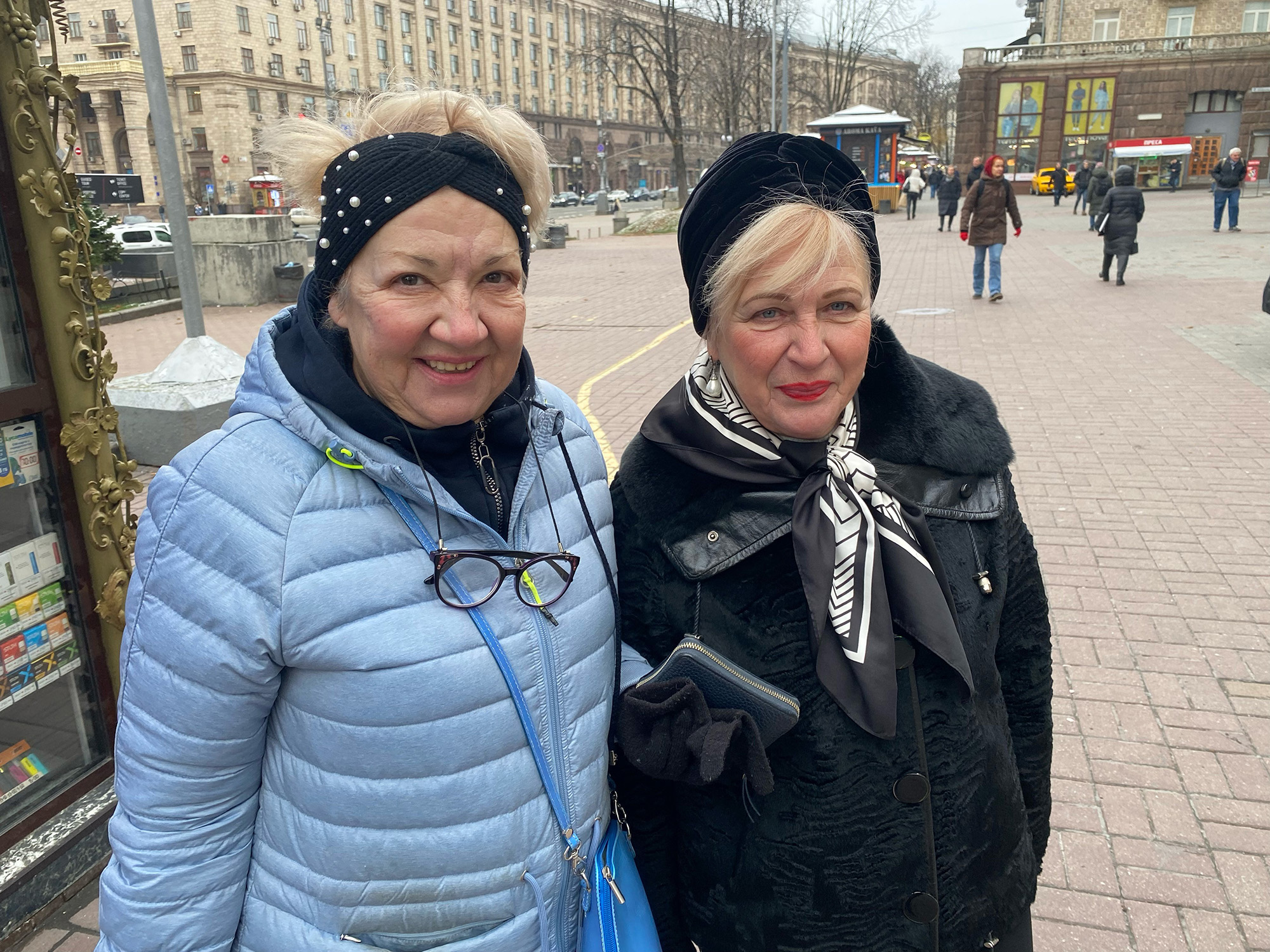 Elena Khaykina, 63, and Larisa Polyakova, 66, are pensioners displaced from Kharkiv who have been living in Kyiv for the past three months. 