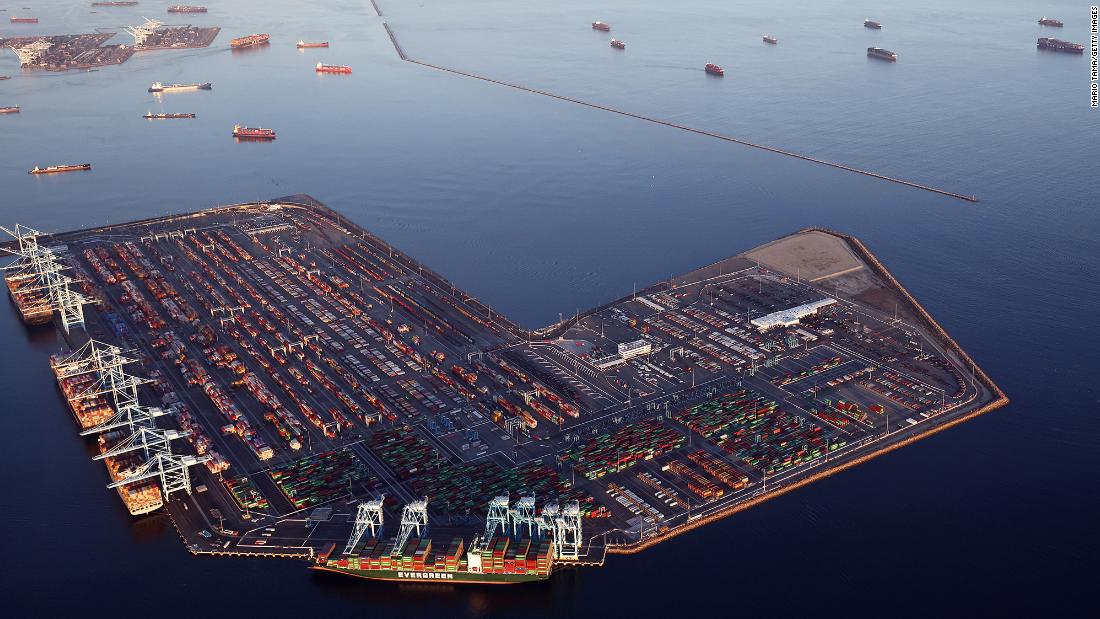 Container ships are anchored by the ports of Long Beach and Los Angeles as they wait to offload on September 20, 2021 near Los Angeles, California. 