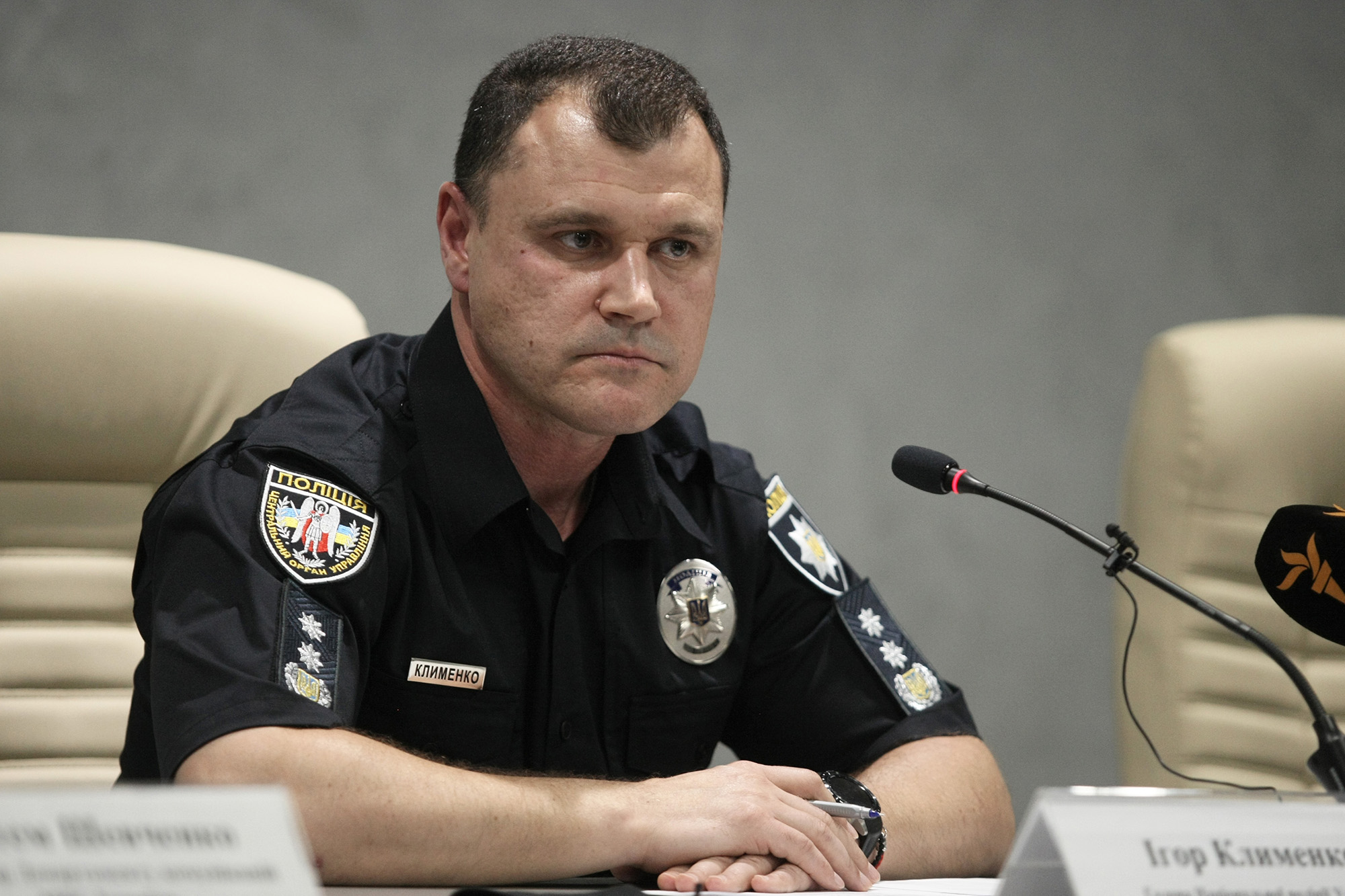 Chief of the National Police Ihor Klymenko attends a press briefing in Kyiv, Ukraine, on August 3, 2021.