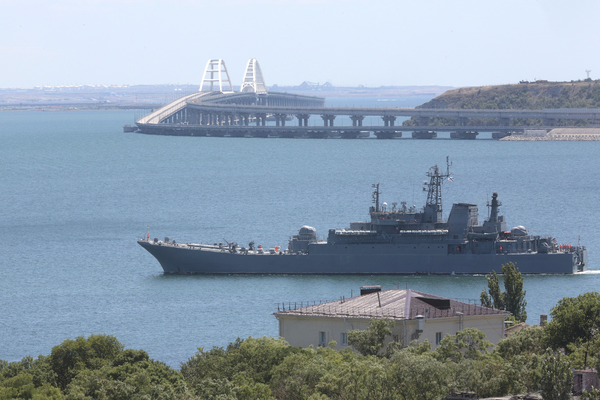 A Russian military large landing ship sails near to the Kerch Bridge, Crimea, on July 17.