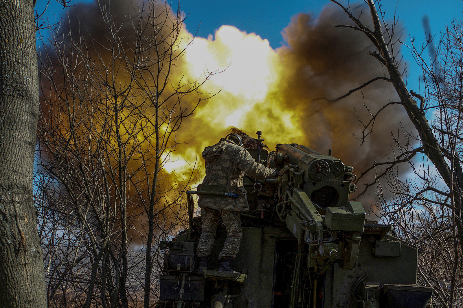 Ukrainian servicemen fire a 2S5 Giatsint-S self-propelled howitzer towards Russian troops outside the frontline town of Bakhmut, in Donetsk region,  on March 5.