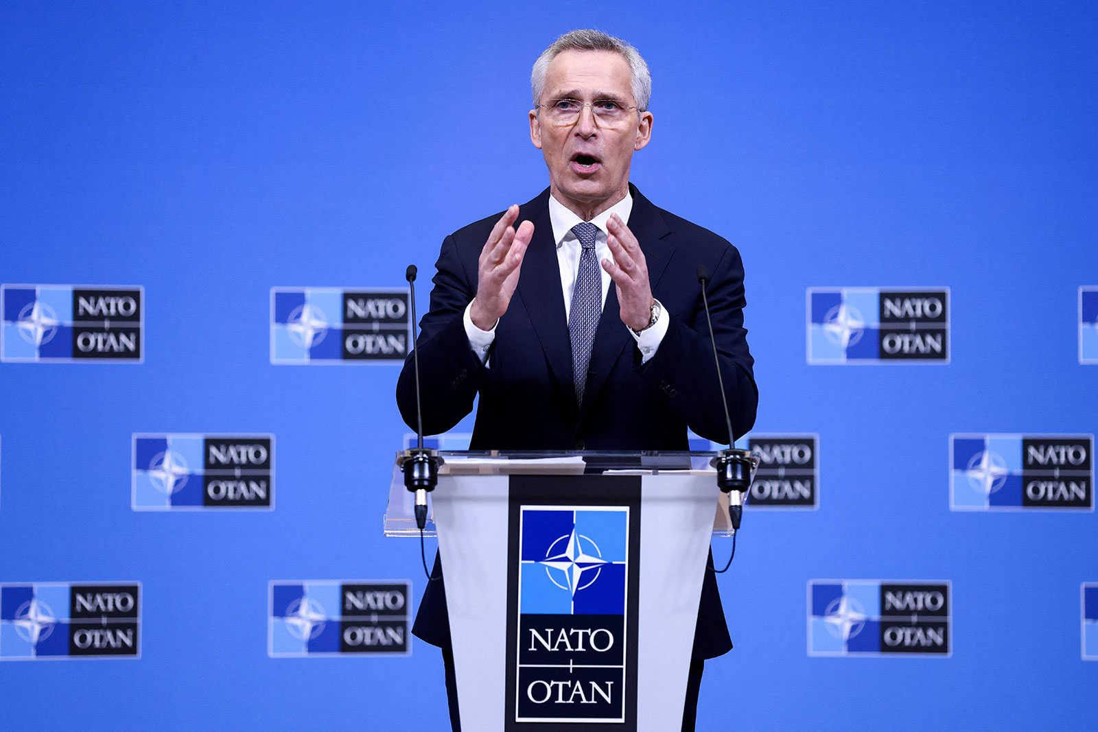 NATO Secretary General Jens Stoltenberg addresses a press conference in Brussels on February 13. 