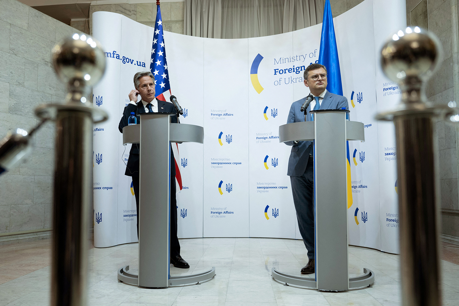 Antony Blinken asiste a una conferencia de prensa conjunta en el Ministerio de Asuntos Exteriores en Kiev, Ucrania, el 6 de septiembre.