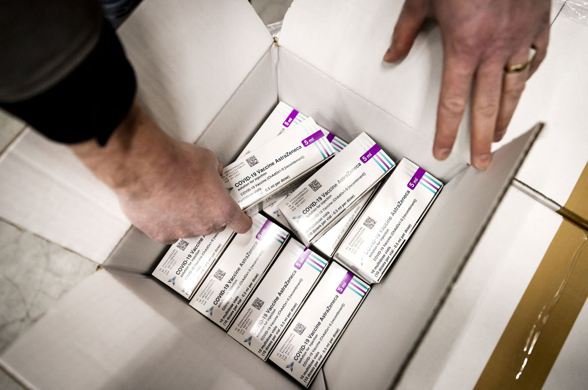 AstraZeneca Covid-19 vaccine boxes in Oss, the Netherlands, on 12 February.