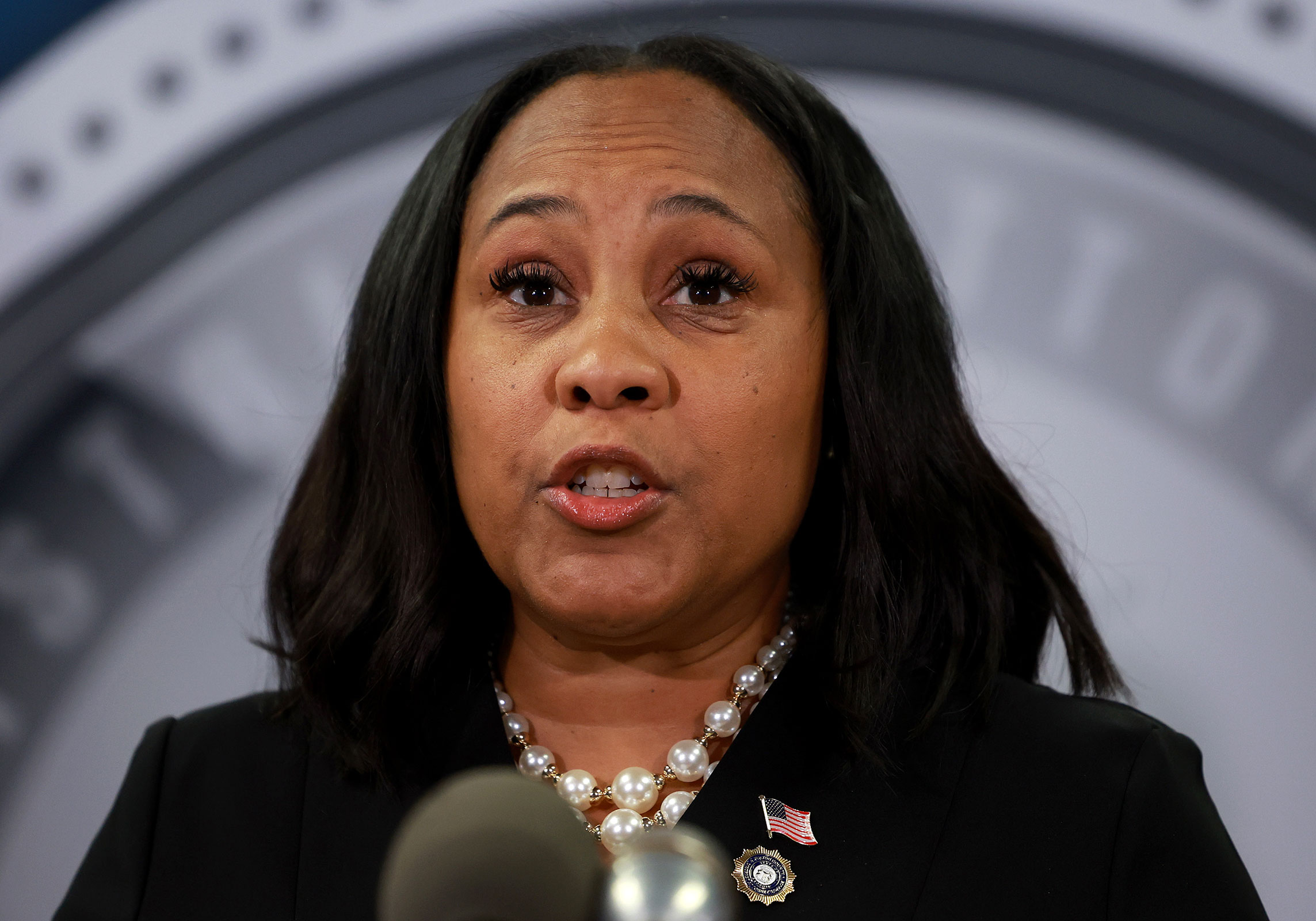 Fulton County District Attorney Fani Willis speaks during a news conference at the Fulton County Government building on August 14 in Atlanta, Georgia.