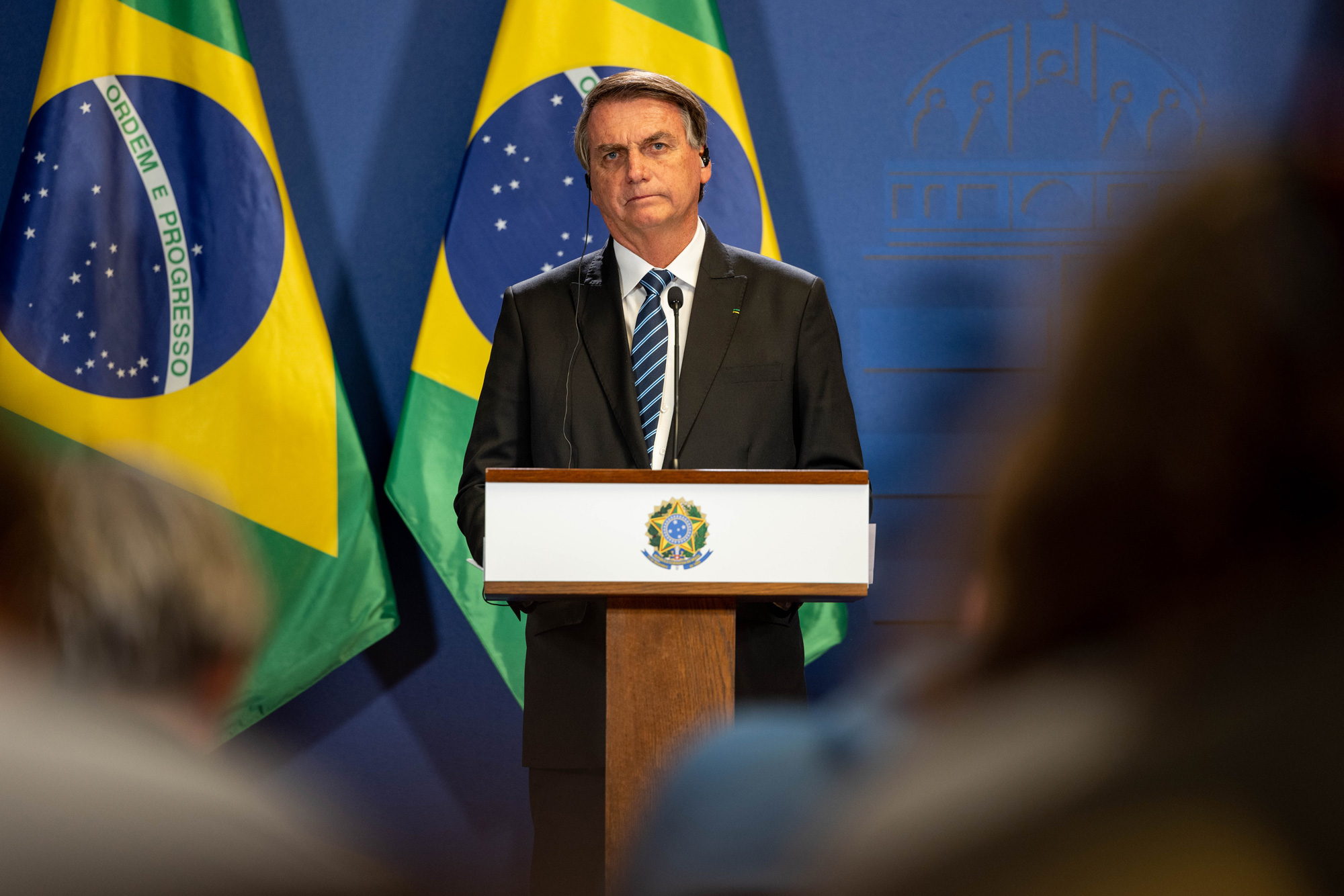 Brazilian President Jair Bolsonaro is seen during a news conference on February 17 in Budapest, Hungary. 