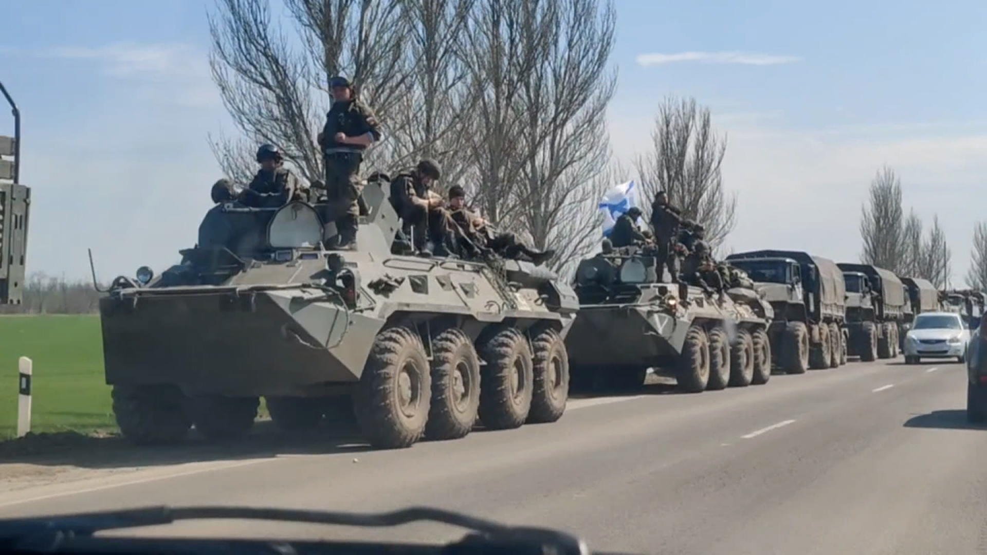 A large column of Russian military vehicles is seen near Matveev Kurgan, a settlement in Russia’s Rostov region.
